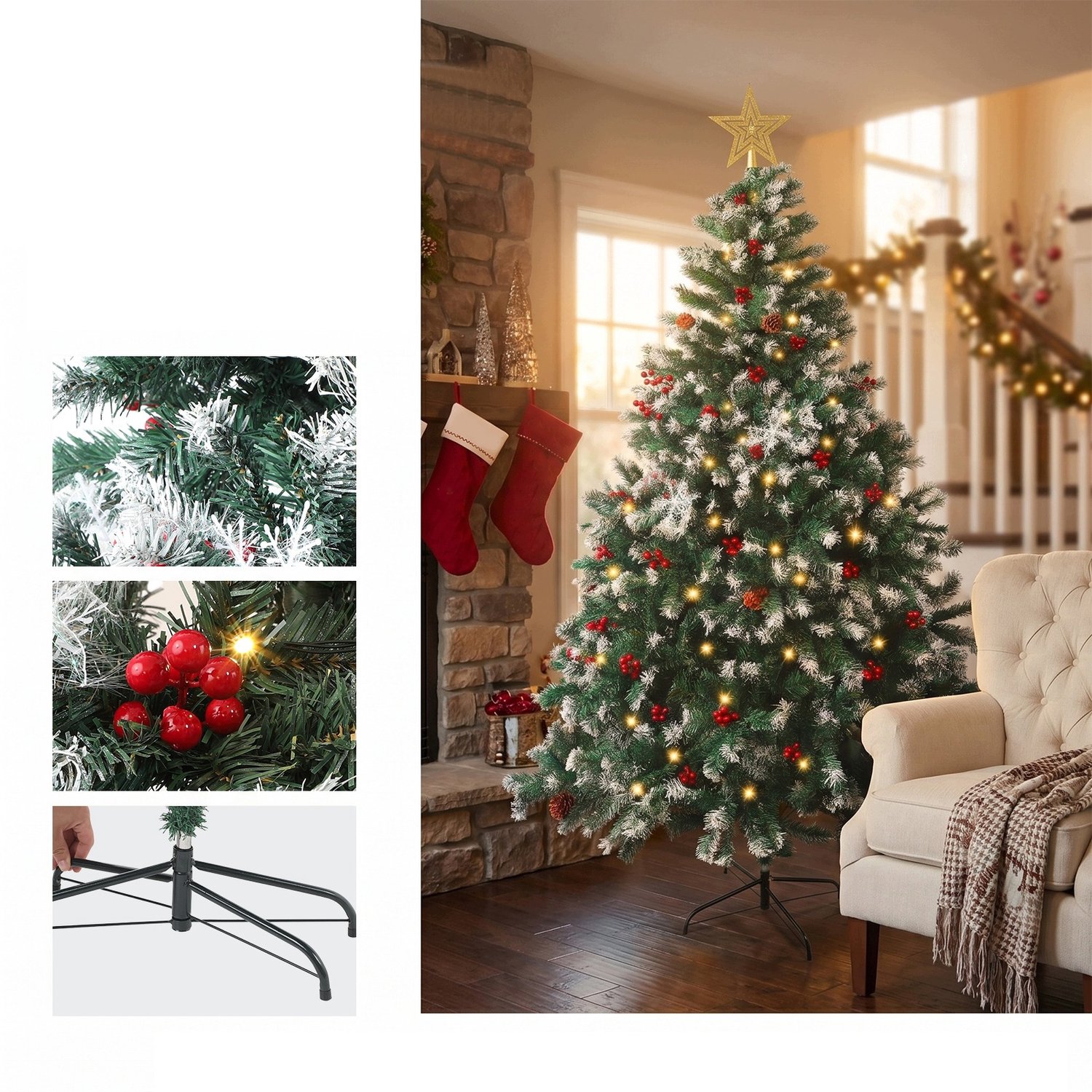 ANNA 210cm Kunstkerstboom met LED – Realistische Sneeuwlook, Met Ster Top & Dennenappels – Metalen Standaard - Groen – foto 5