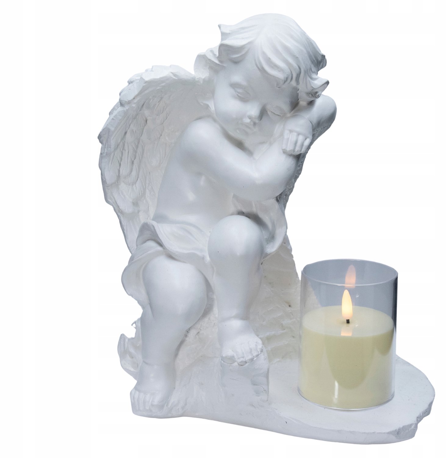 Gipsen Engel Grafdecoratie met LED Kaars - 32cm