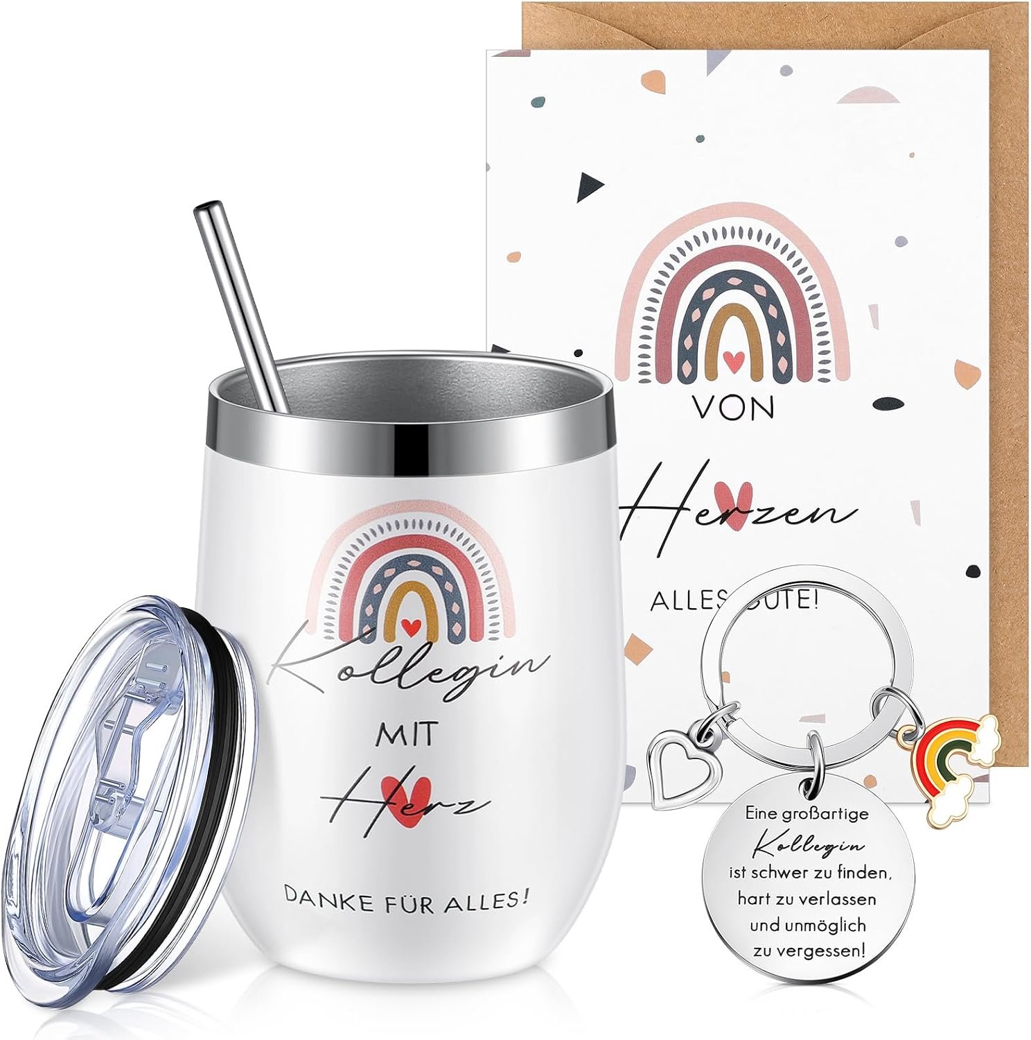 Blulu Cadeau voor collega's, afscheidscadeau, thermobeker van roestvrij staal, collega's, sleutelhanger, regenboog-Thanksgiving-kaart en envelop, koffiemok met deksel voor pensioen, bedankje (340 ml)