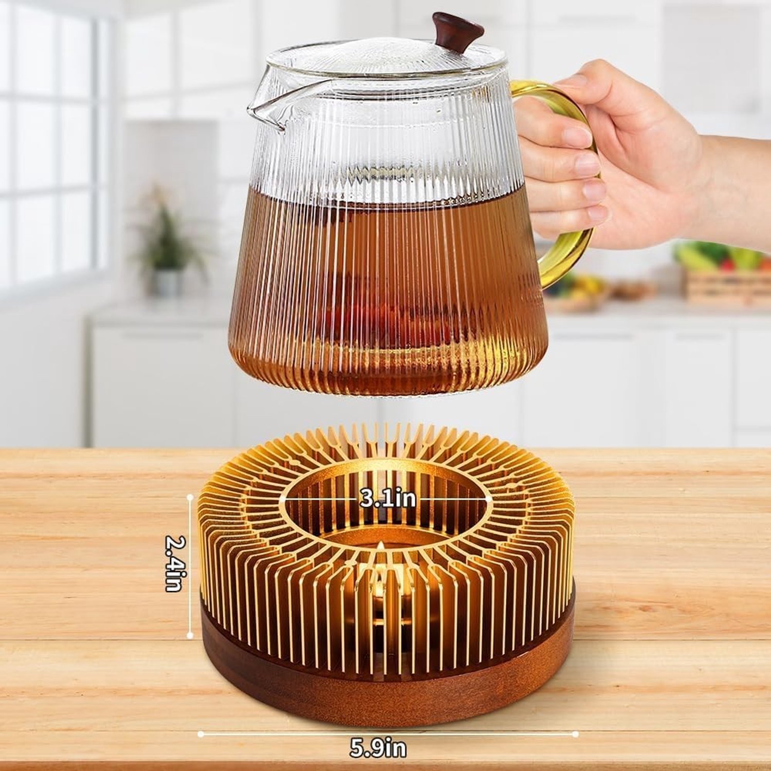 Theepotverwarmer - Hout - Groot - Aluminium met Houten Basis - Voor Thee, Koffie en Melk