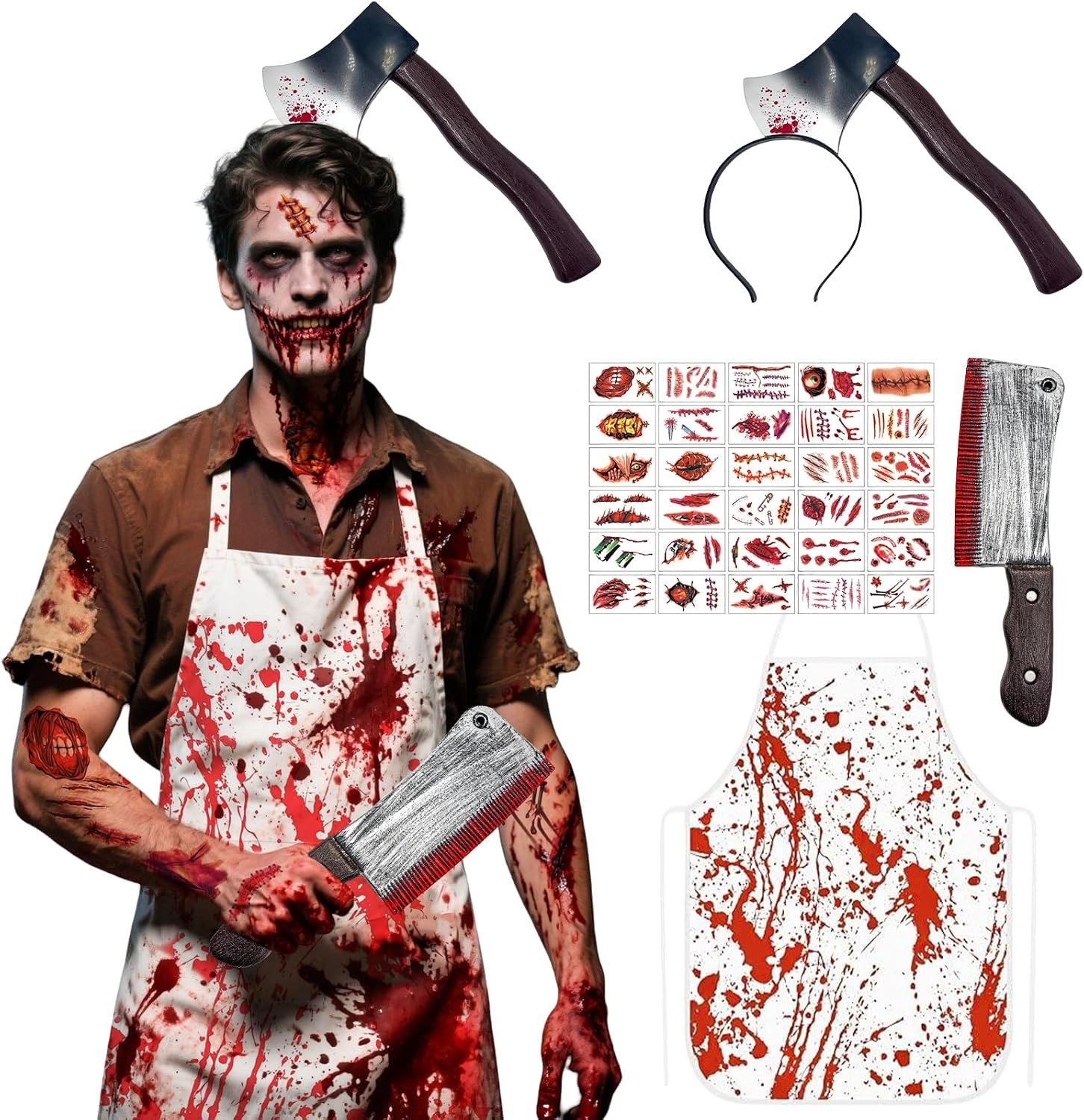 Horror kostuum voor Halloween, inclusief bloederig schort, keukenmes, haaraccessoires en 30 zombie littekens voor feest en cosplay