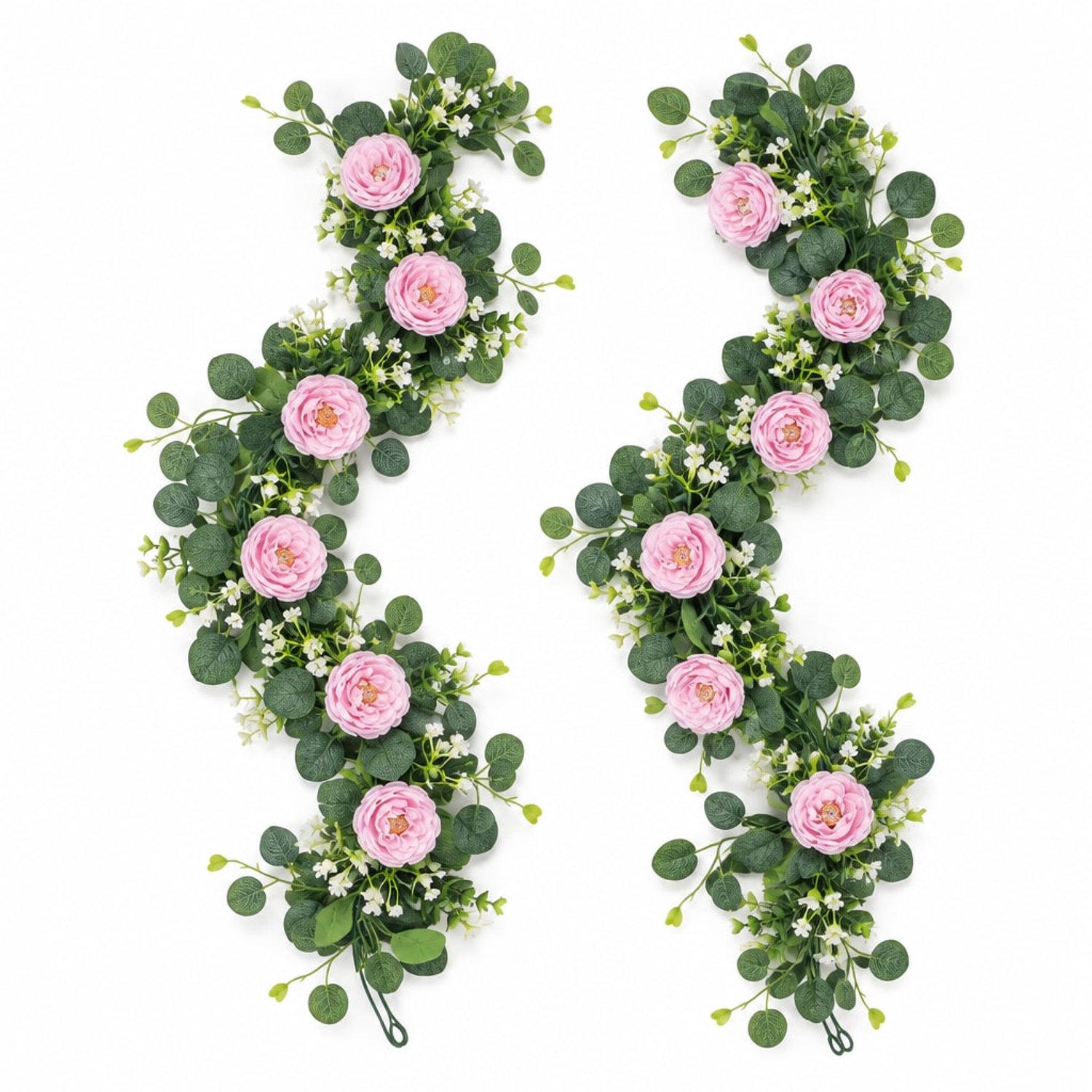YYchan Kunstplant Eucalyptus Slinger met Roze Camelia's - Set van 2 - Voor Binnen en Buiten