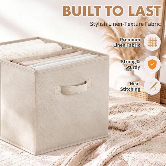 Set van 2 opvouwbare opbergkubussen van vliesstof, 33 × 38 × 33 cm, grote opbergmanden met één handvat, opvouwbare opbergdozen, beige — afbeelding 2