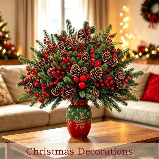 12 stuks plastic kersthulsttwijgen dennenprikkels met rode bessen dennen naalden kegels voor doe-het-zelf kerstkrans decoraties ambachten kerstboom ornament — afbeelding 5