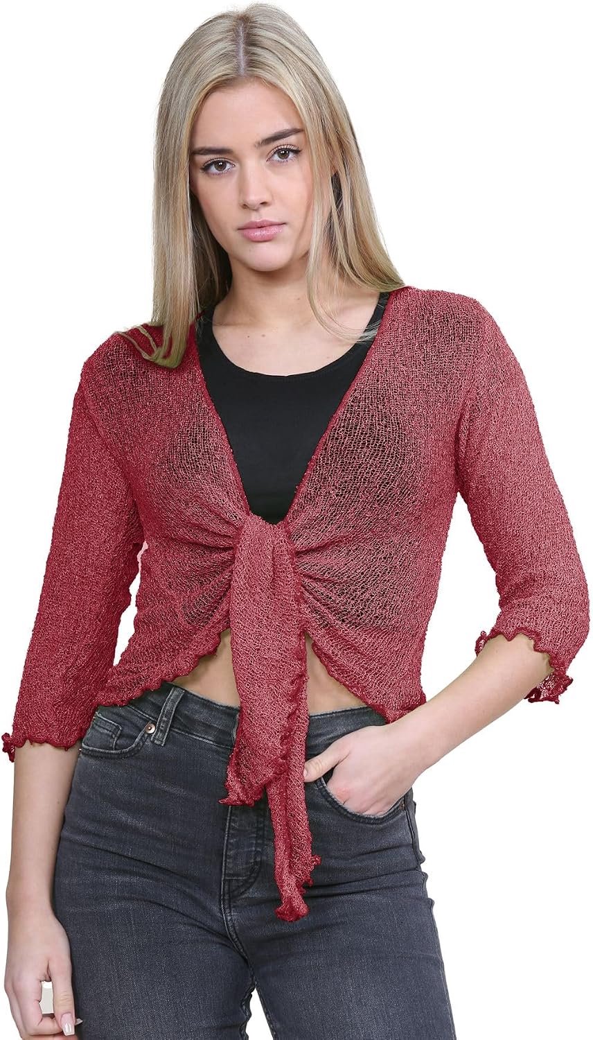 Nieuwe Dames 3/4 Mouw Dubbele Fijne Gebreide Bali TieUp Bolero Shrug Crop Vest Top