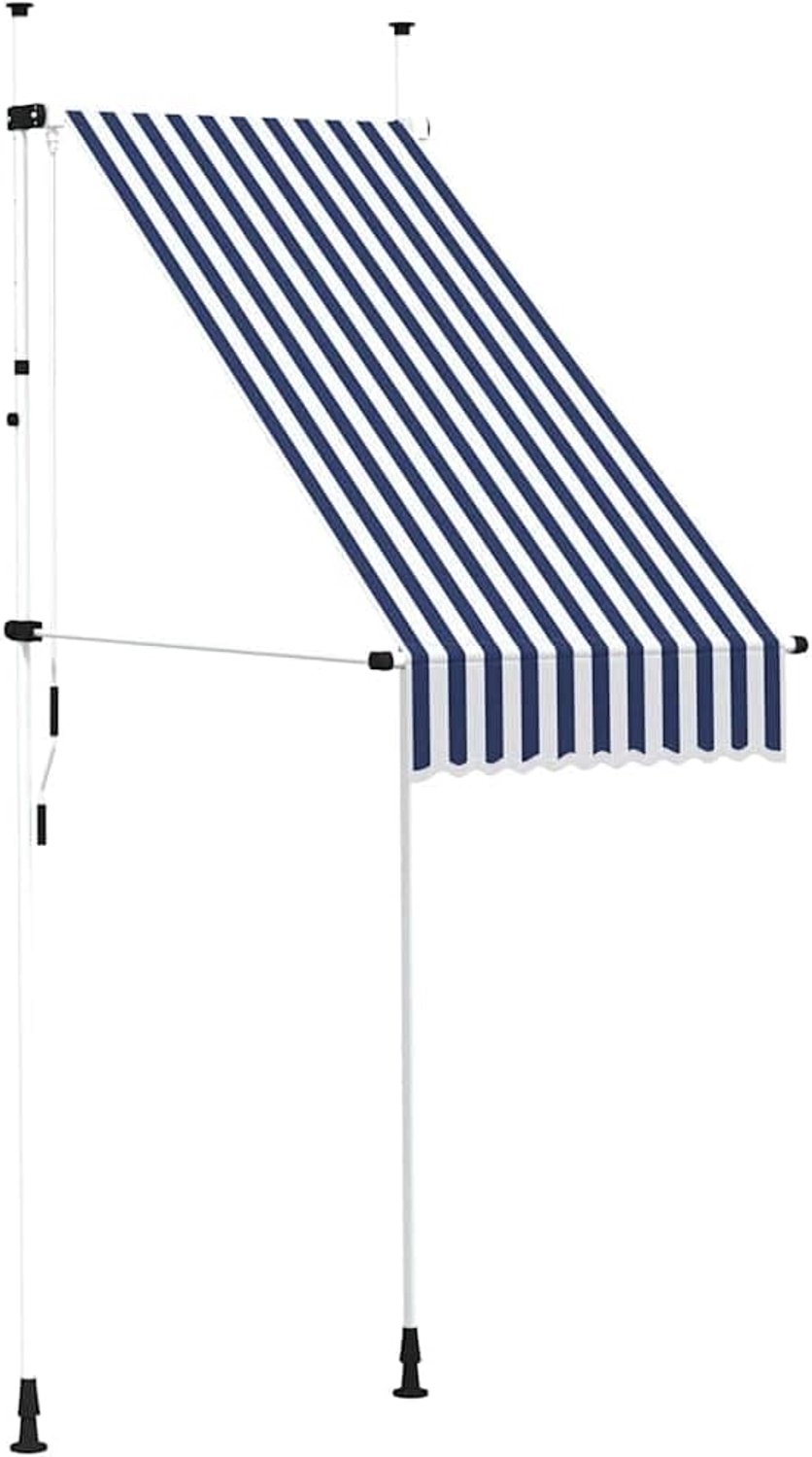 Handmatig intrekbare luifel, 100 cm, handbediende luifel, blauw wit gestreept, polyester met PU-coating, stalen frame, in hoogte en hoek verstelbaar, voor terras, balkon, tuin