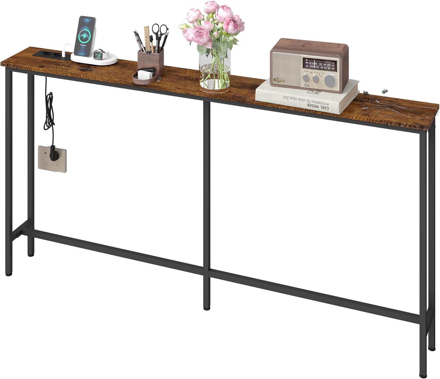 Consoletafel, smal, hout, consoletafel met 2 stopcontacten en 2 USB, haltafel voor woonkamer, foyers, gangen, vintage bruin en zwart