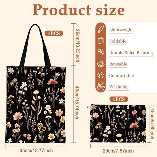 2 stuks canvas draagtas voor dames met make-uptas, skelet, zon en maan, wilde bloemen, herbruikbare boodschappentas, esthetische boodschappentas voor sportschool — afbeelding 2