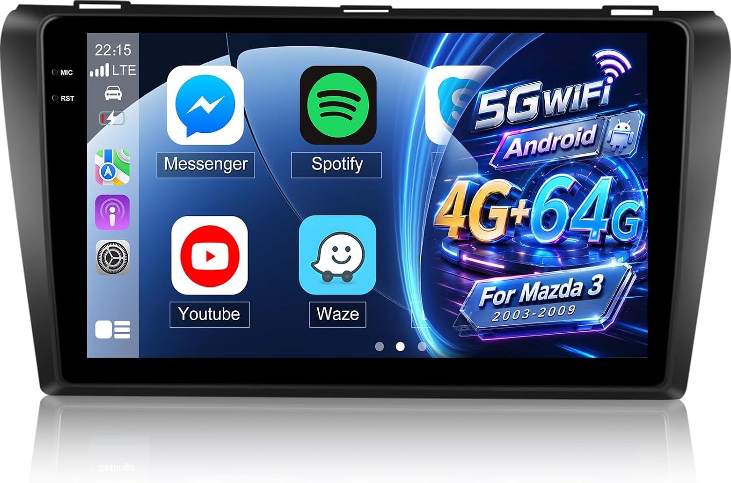 4G+64G Car radio for Mazda 3 2003-2009 with Wireless Carplay & Android Auto, 9 Inch Touchscreen Radio with WiFi/GPS/Bluetooth 5.0/EQ/FM RDS Radio