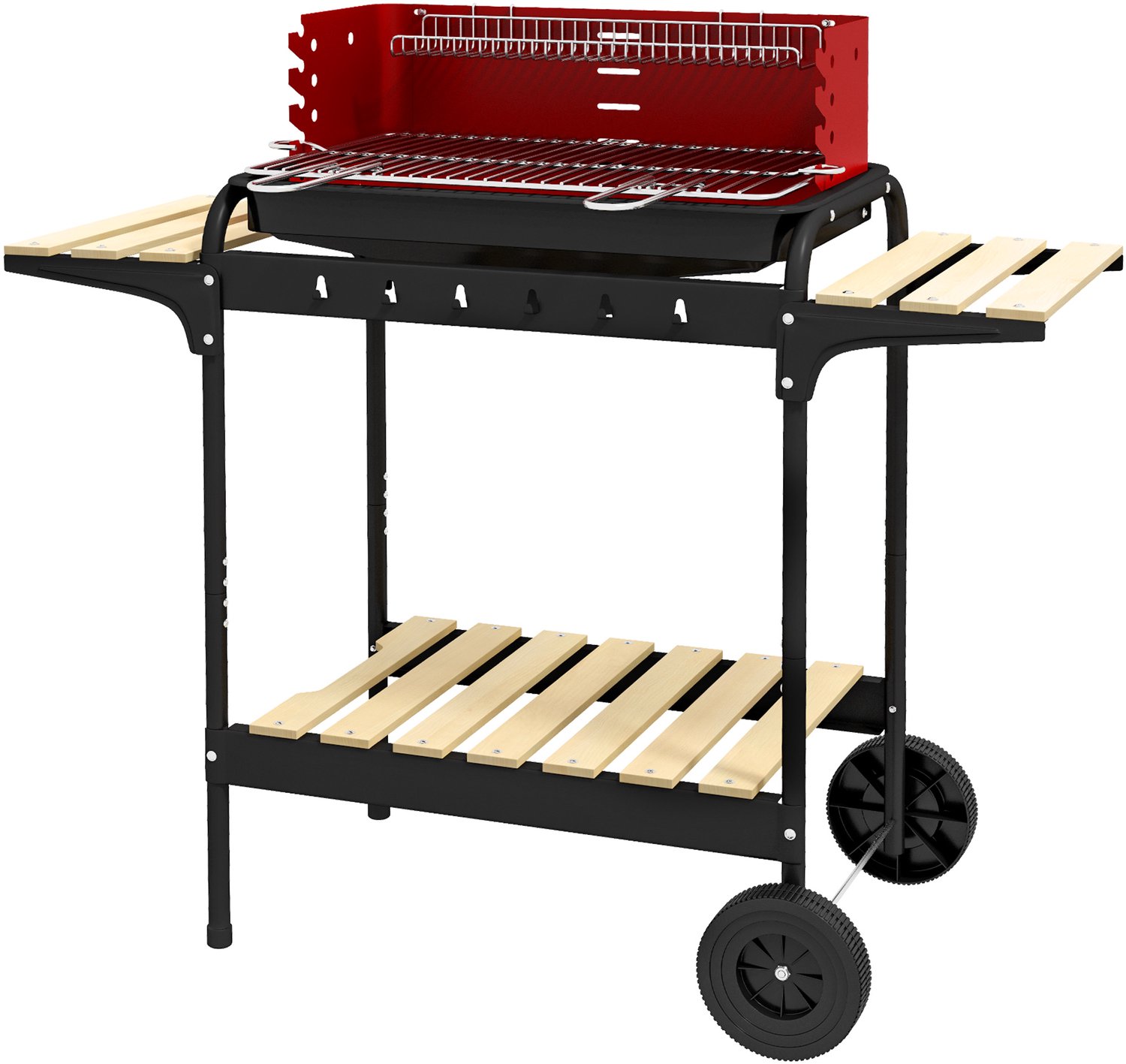 Metalen houtskoolbarbecue met wielen, in hoogte verstelbaar grillrooster, houten plank, 103 x 47 x 95 cm, rood