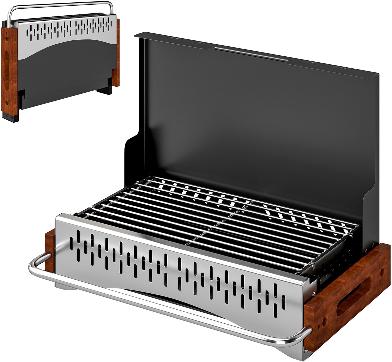 Draagbare, opvouwbare houtskoolbarbecue, 50,5 x 34 x 33 cm, met uitneembaar houtskoolbakje, ideaal voor kamperen en picknicks, zwart.