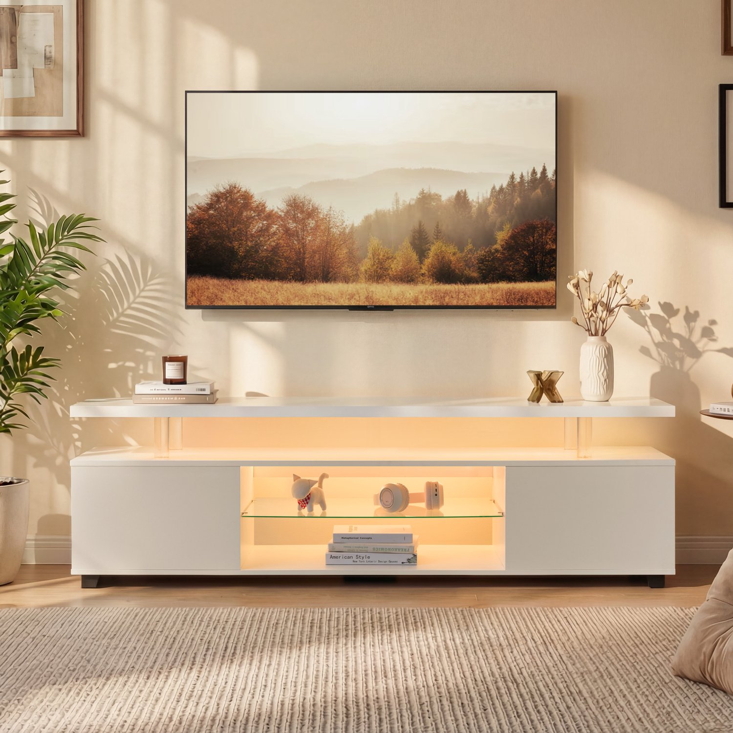 Clruro TV-Meubel - voor TV tot 60 Inch - LED-Verlichting - Opbergruimte en Open Vak - MDF - Wit