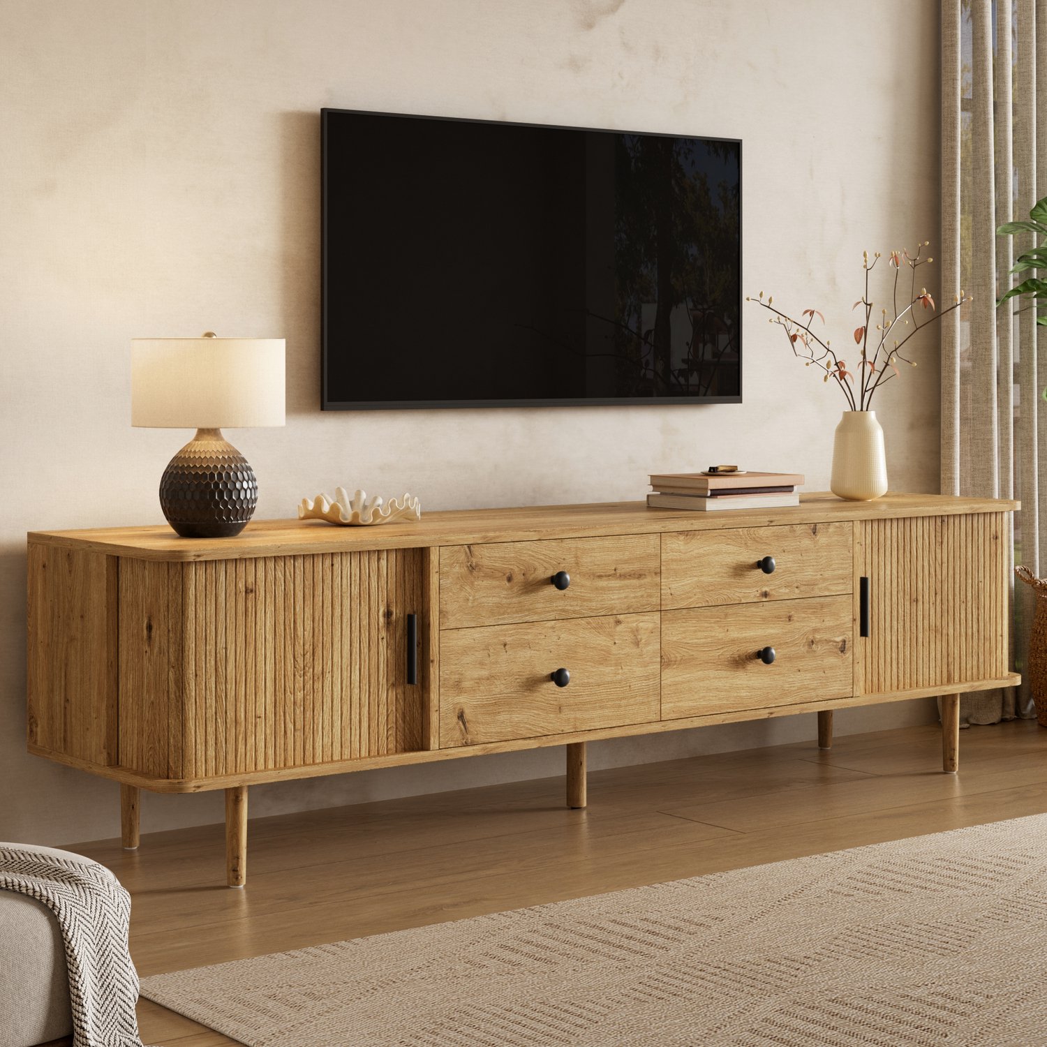 Clruro TV-Meubel - 165×40×46 cm - 4 Laden en 2 Schuifdeuren - Ronde Hoeken - MDF - Houtlook