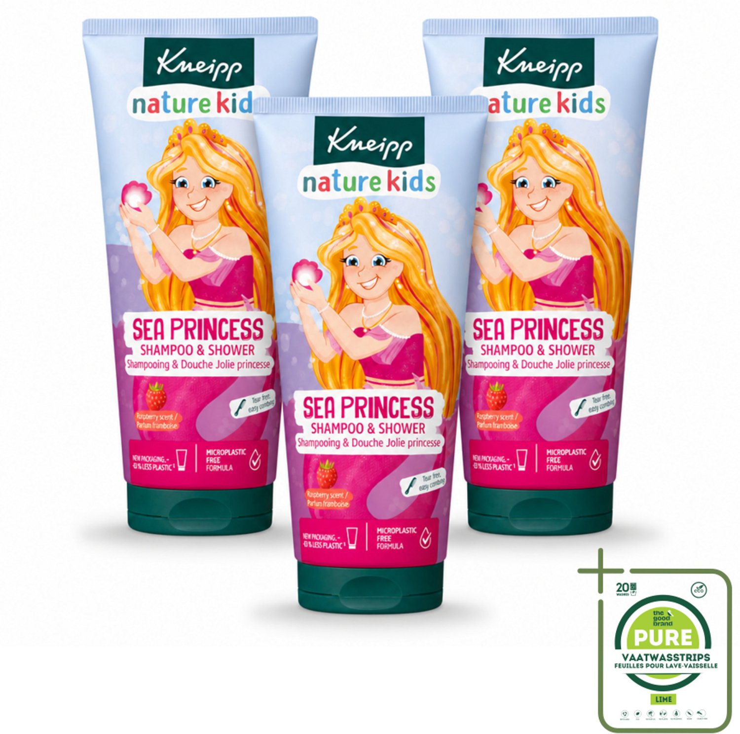 3 x Kneipp - Shampoo & Douche - Prinsessen - 200 ml - Grootverpakking - Vaatwasstrips - Kinderdouchegel - Kinderbad - Frambozengeur - Natuurlijke Douchegel - Kinderhuid
