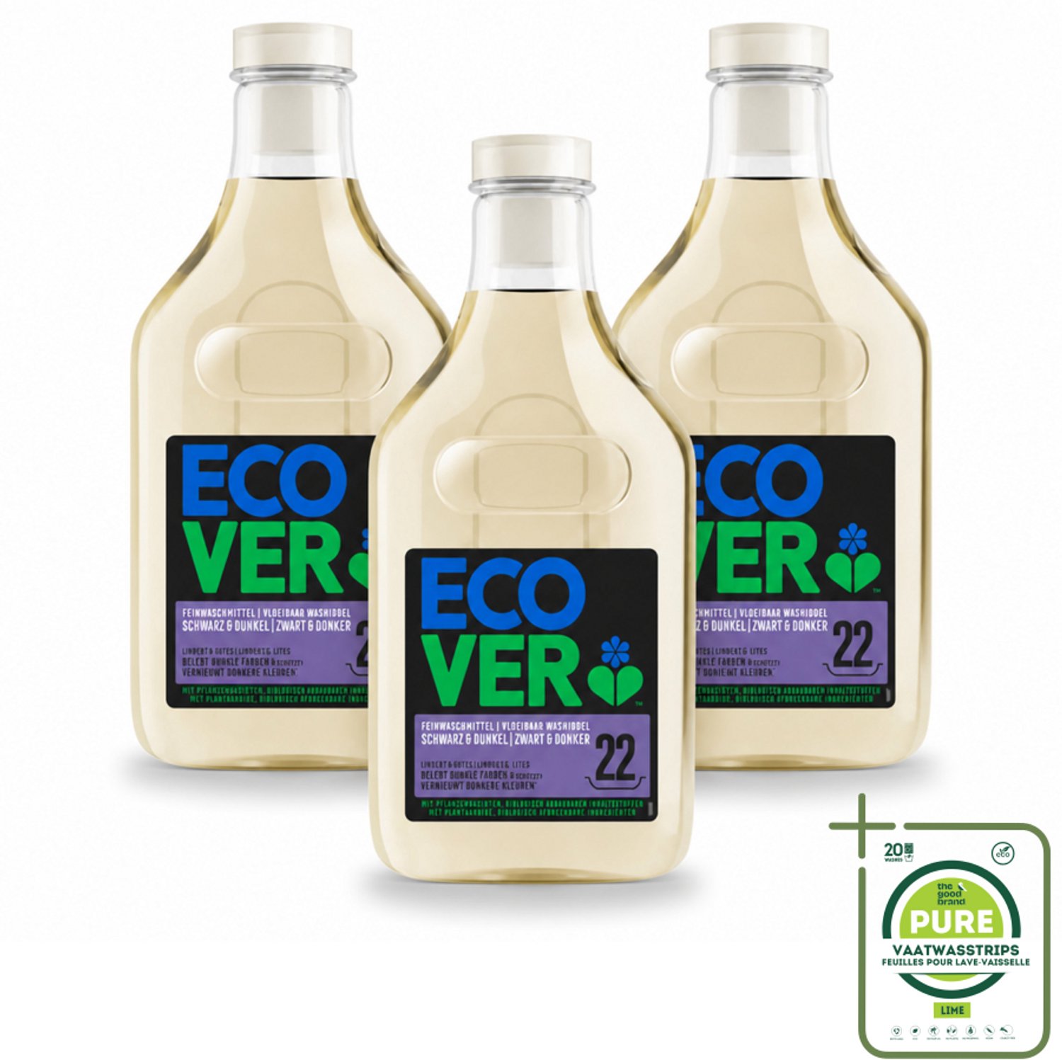 3 x Ecover - Vloeibaar wasmiddel - Zwart & Donker - 1 liter - 22 wasbeurten - Grootverpakking - Vaatwasstrips - Donker Wasmiddel - Kleurbehoud - Kleuroverdracht Voorkomen - Ecologisch Wasmiddel - Plantaardig Wasmiddel