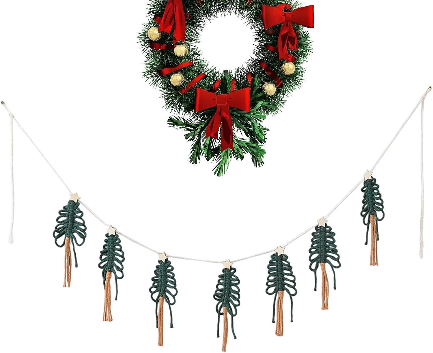Boho-kerstslinger met kwastjes, geweven banner voor dennenboom, 1 meter