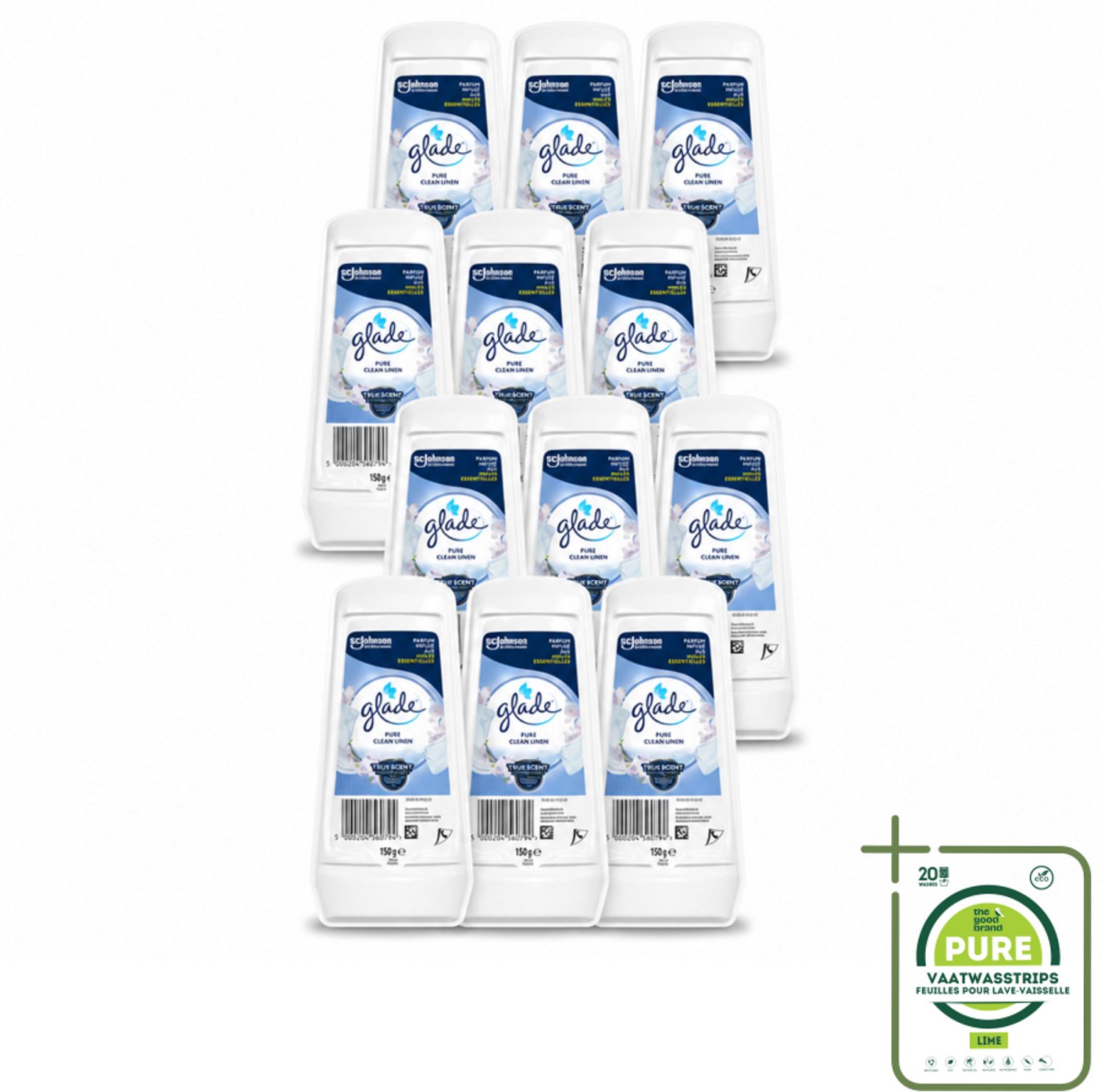 12 x Glade - Gel - Pure Clean Linen - 150 g - Grootverpakking - Vaatwasstrips - Luchtverfrisser - Linnengeur - Geurverspreider - Frisse Geur - Geur In Huis