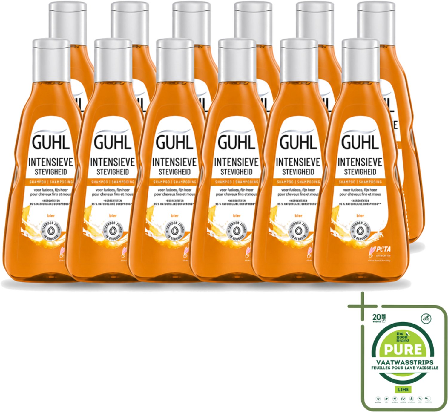 12 x Guhl - Shampoo - Intensieve Stevigheid - 250 ml - Grootverpakking - Vaatwasstrips - Haarversterking - Volume - Stevigheid - Bierextract - Krachtig Haar