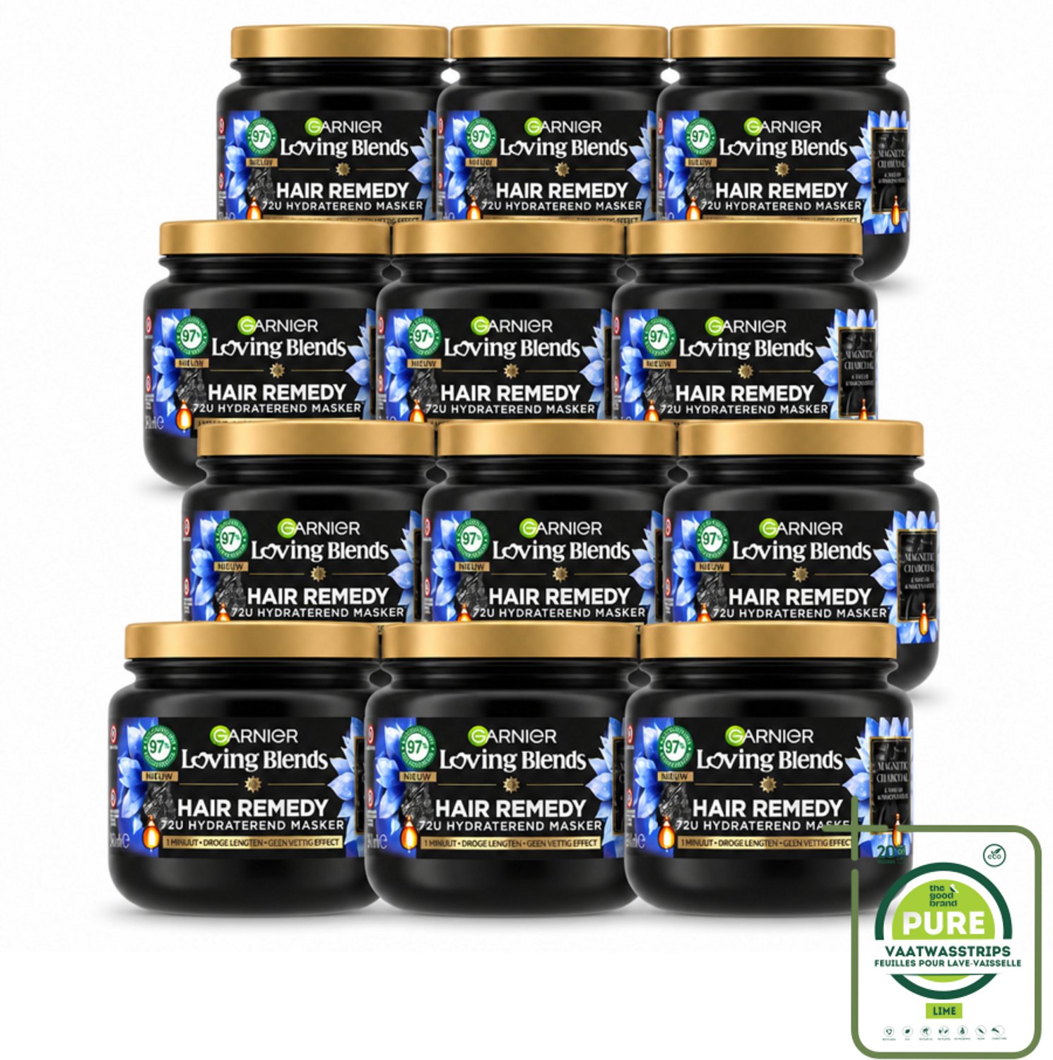 12 x Garnier - Loving Blends Magnetic Charcoal - Haarmasker - Droge Lengtes - 340 ml - Grootverpakking - Vaatwasstrips - Haarmasker - Droge Haar - Hydratatie - Natuurlijke Ingrediënten - Charcoal