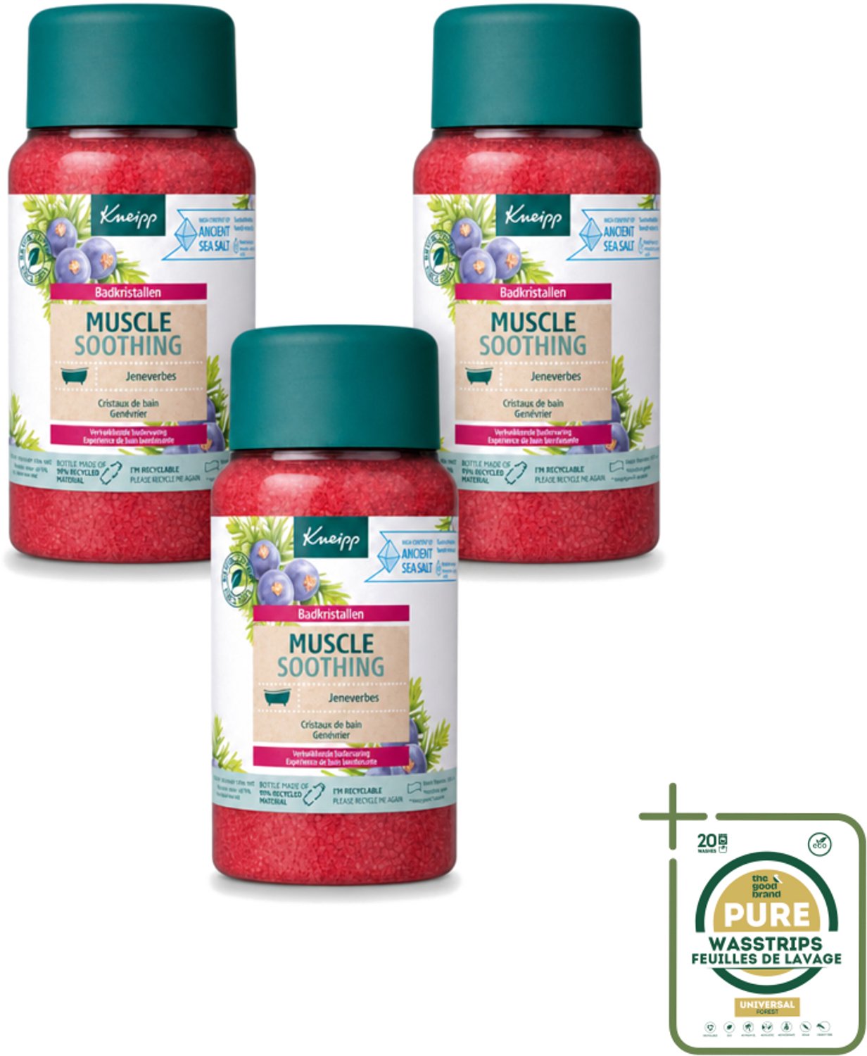 3 x Kneipp - Badzout - Muscle Soothing - Jeneverbes - Weldaad voor spieren - 600 g - Wasstrips - Badzout Voor Spieren - Spierverzorging - Ontspanning - Badkristallen - Jeneverbes