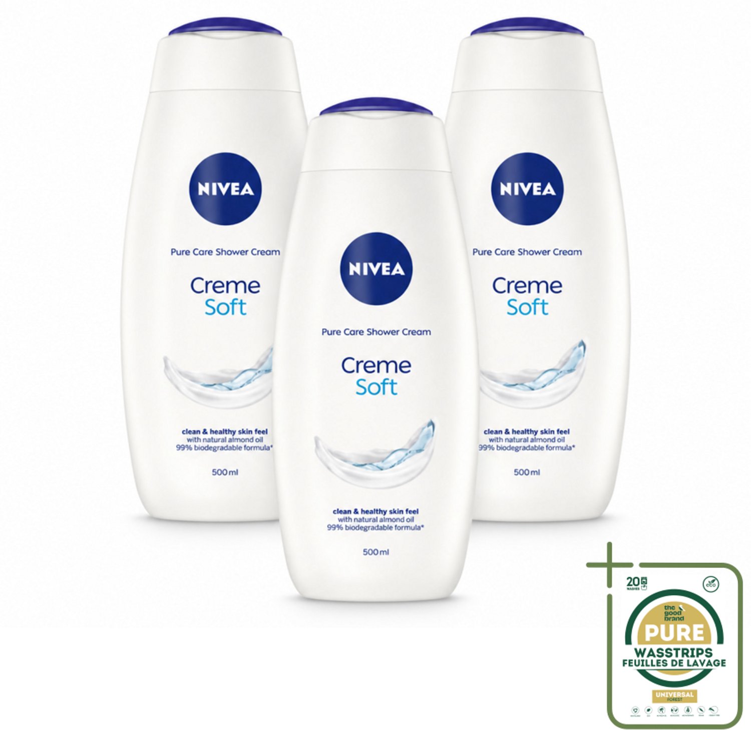 3 x NIVEA - Douchecrème - Zacht - Huidbeschermend - Amandelolie - 500 ml - Wasstrips - Douchecrème - Huid Verzorging - Amandelolie - Zijdezachte Huid - Milde Reiniging