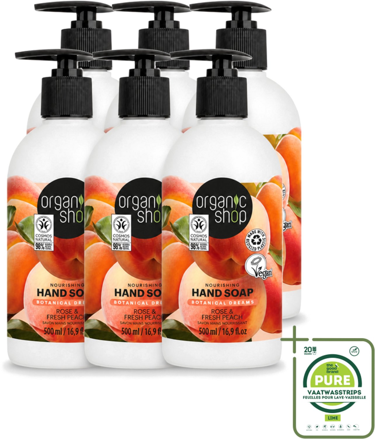 6 x Organic Shop - Handzeep Rose & Peach - Verzorgend en Hydraterend - 500 ml - Grootverpakking - Vaatwasstrips - Handzeep - Natuurlijke Handverzorging - Handen Verzorgen - Handen Hydrateren - Handen Verzachten