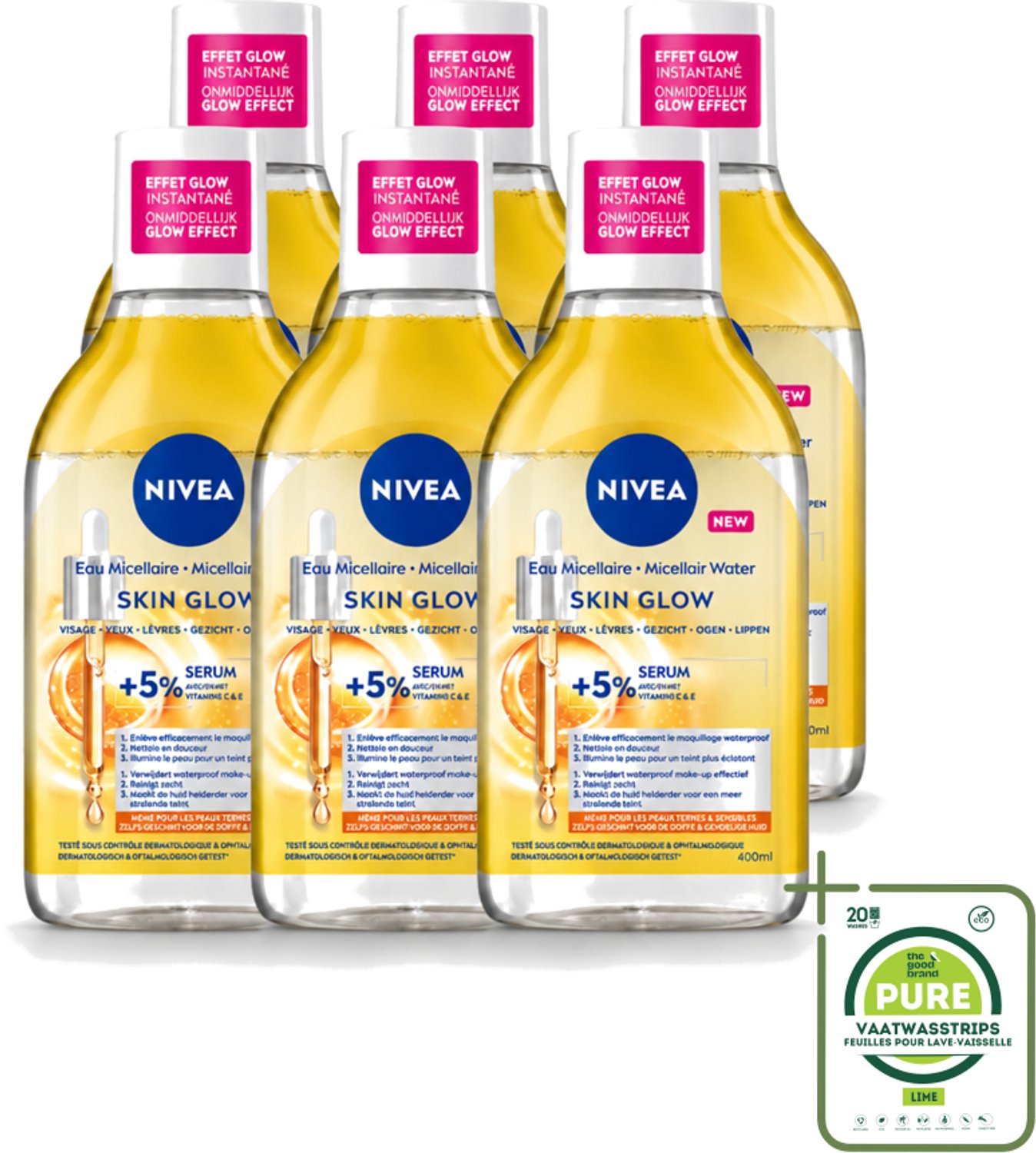6 x NIVEA - Micellair Water - Serum Verrijkt Stralend - Verwijdert Waterbestendige Make-up - 400 ml - Grootverpakking - Vaatwasstrips - Micellair Water - Reinigen - Stralende Huid - Gevoelige Huid - Hydratatie