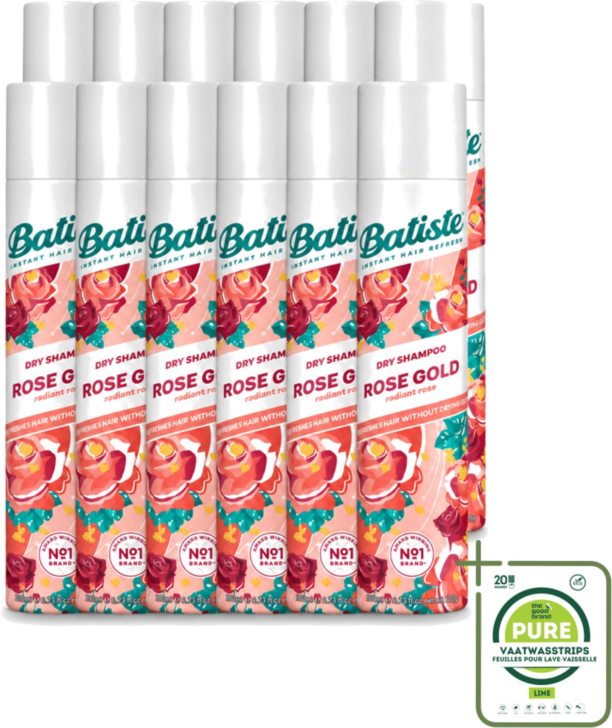 12 x Batiste - Rose Gold - Droogshampoo - Zachte Rozengeur - Verfrist en Zorgt Voor Volume - 200ml - Grootverpakking - Vaatwasstrips - Droogshampoo - Haarverfrissing - Roze Geur - Volume Haar - Fris Haar