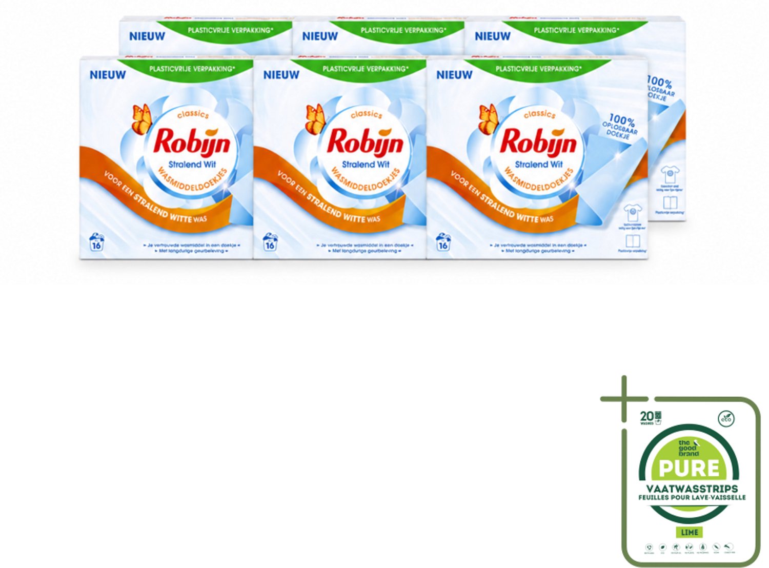 6 x Robijn Classics - Stralend Wit - Wasmiddeldoekjes - 16 Wasstrips - Grootverpakking - Vaatwasstrips - Wasmiddeldoekjes - Stralend Wit - Wasdoekjes - Robijn - Wasverzachter