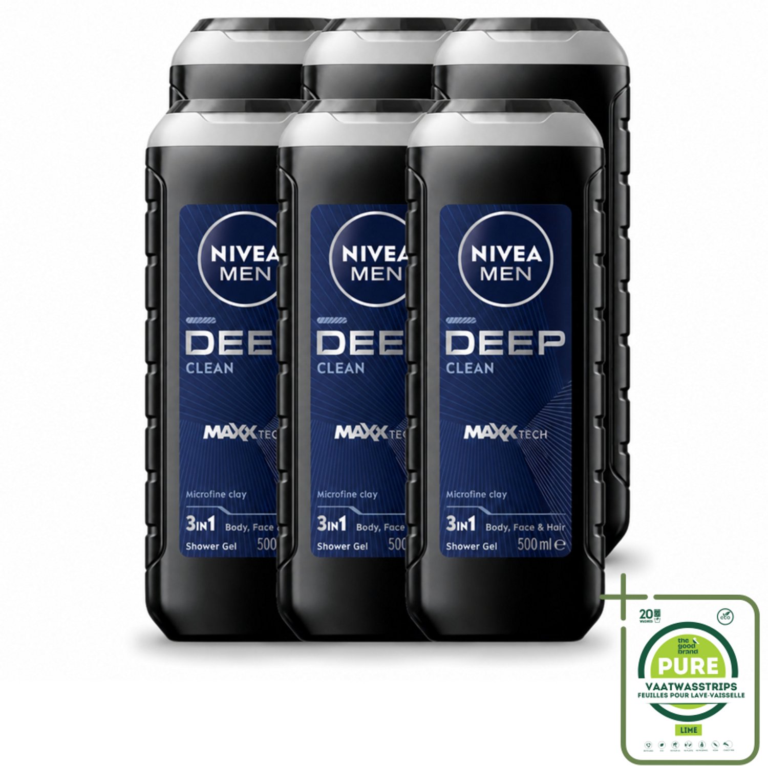 6 x NIVEA MEN - Douchegel - Deep Clean 3-in-1 - 500 ml - Grootverpakking - Vaatwasstrips - Diepe Reiniging - Microklei - Douchegel - Lichaam Reinigen - Gezicht Reinigen