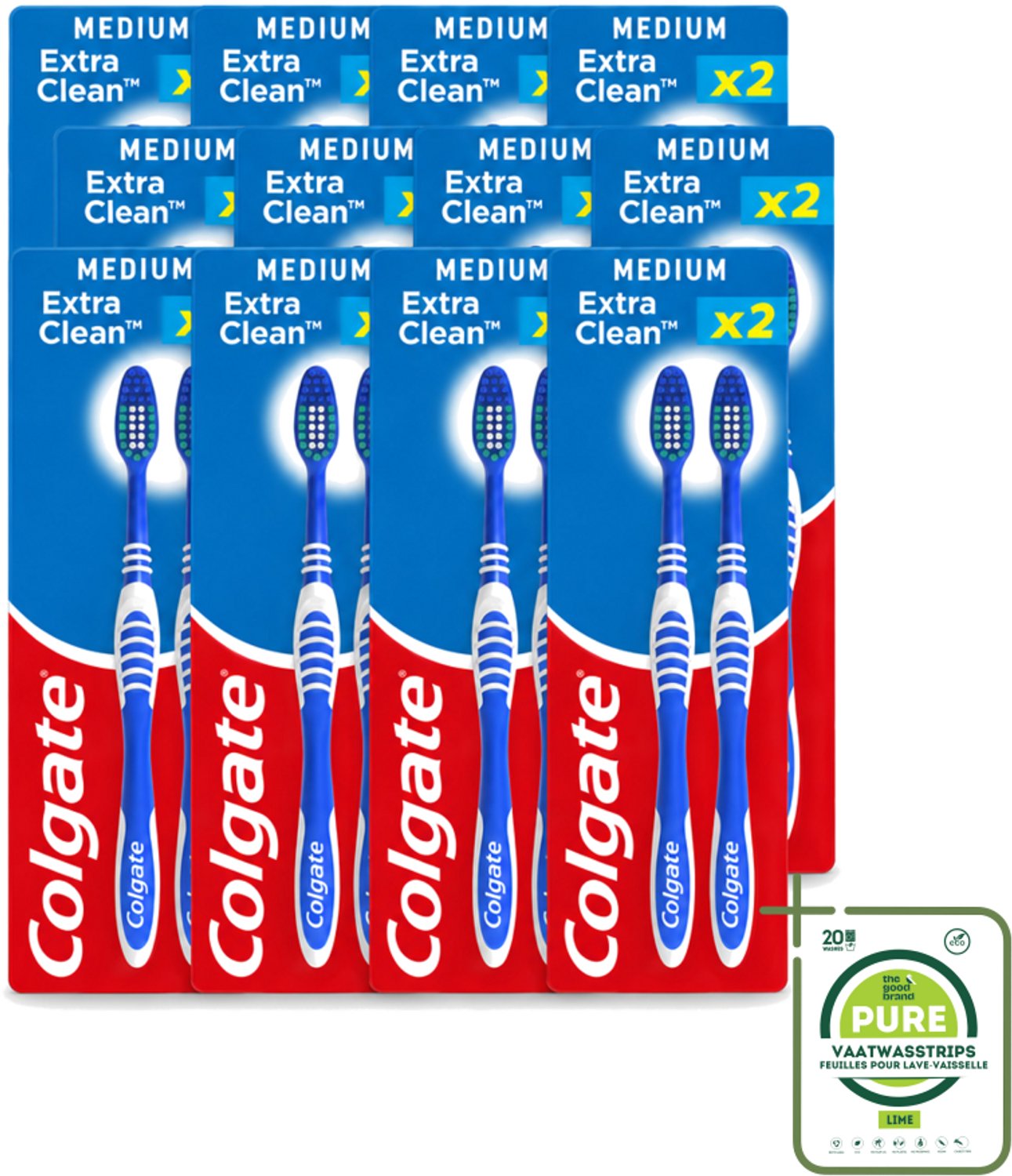12 x Colgate - Tandenborstels - Extra Clean Duo - Medium - 2 borstels - Grootverpakking - Vaatwasstrips - Tandenborstel - Mondhygiëne - Frisse Adem - Reiniging - Tongreiniger
