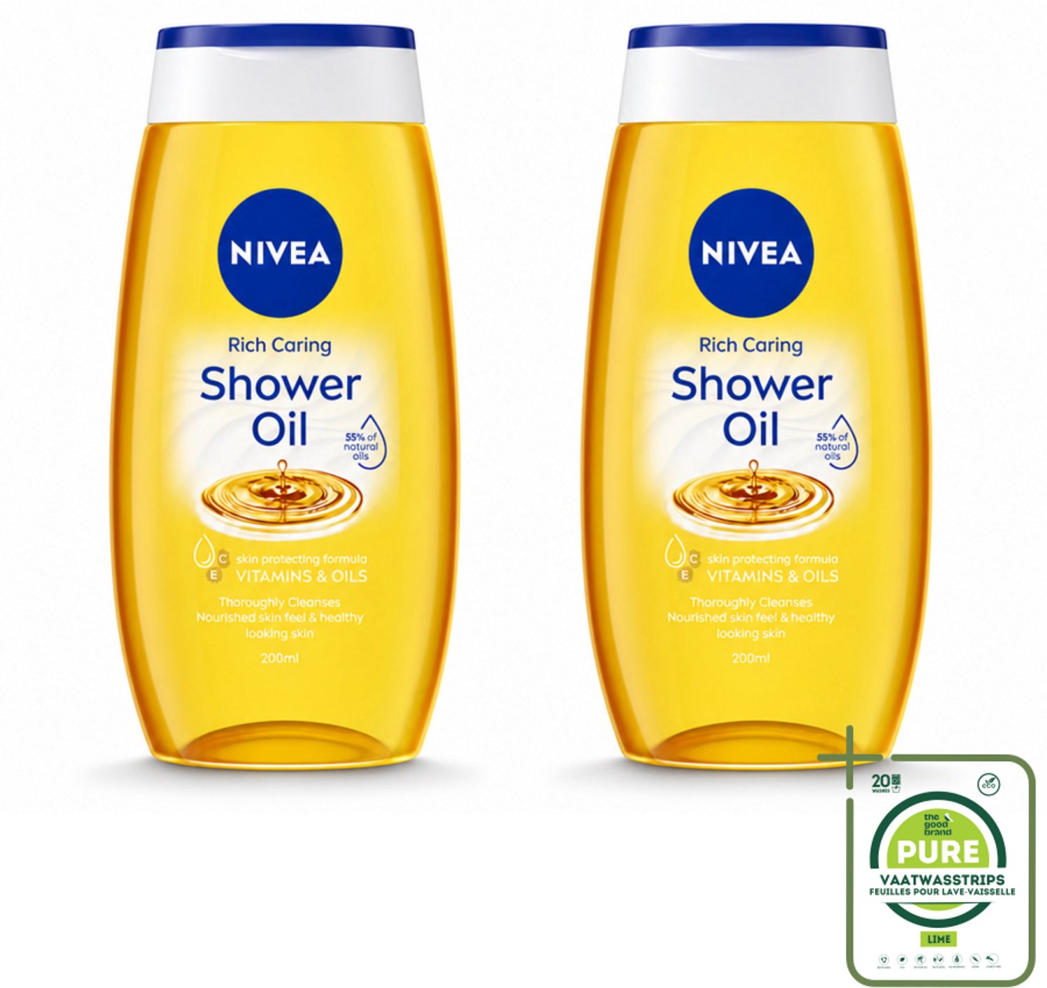 2 x NIVEA - Doucheolie - Natuurlijke Doucheolie - 200 ml - Grootverpakking - Vaatwasstrips - Doucheolie - Natuurlijke Oliën - Huid Verzorging - Zachte Huid - Hydraatatie