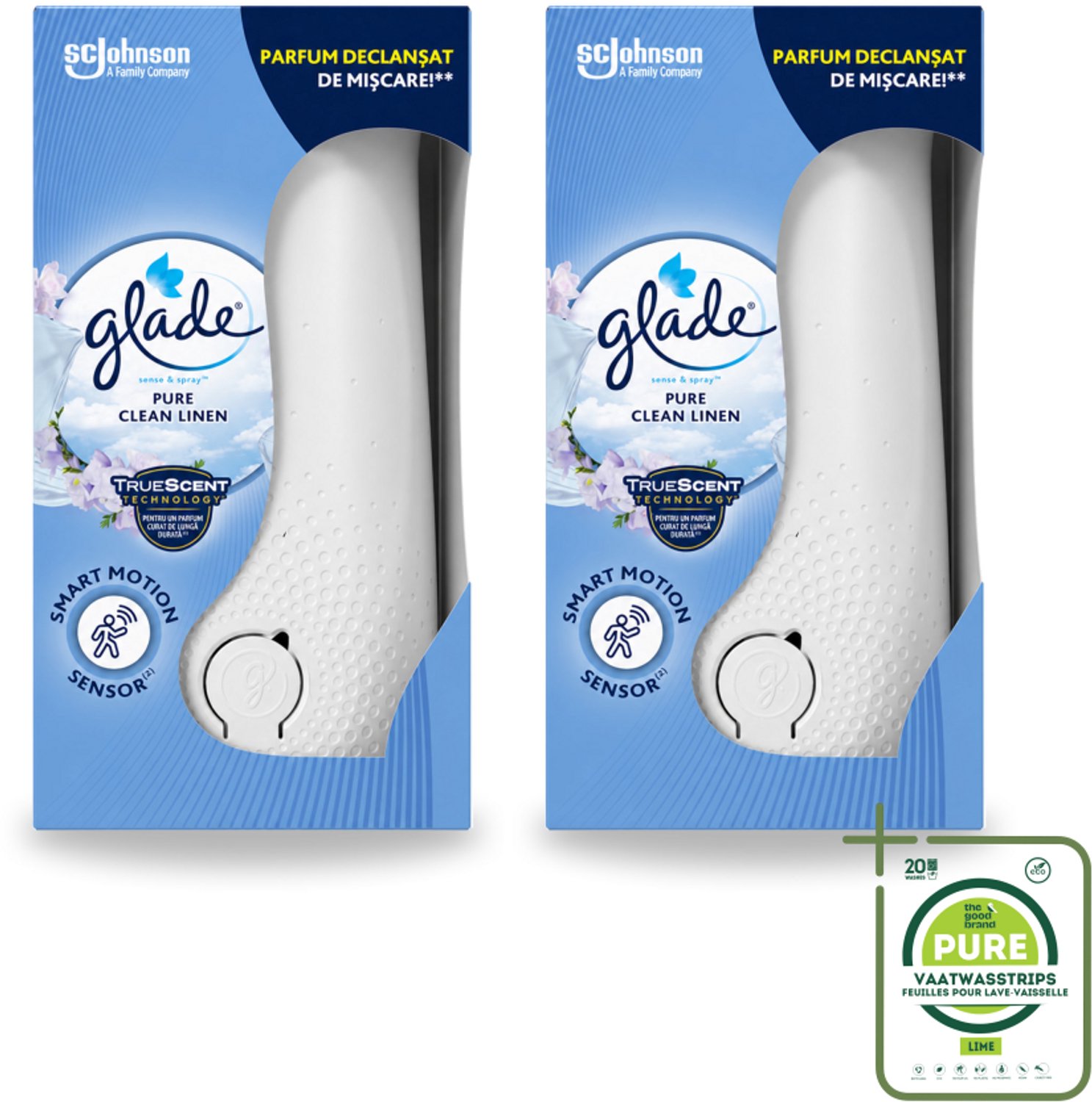 2 x Glade - Houder Sense & Spray - Pure Clean Linen - 18 ml - Grootverpakking - Vaatwasstrips - Geurverspreiding - Luchtverfrisser - Bewegingssensor - Frisse Geur - Linnengoed Geur