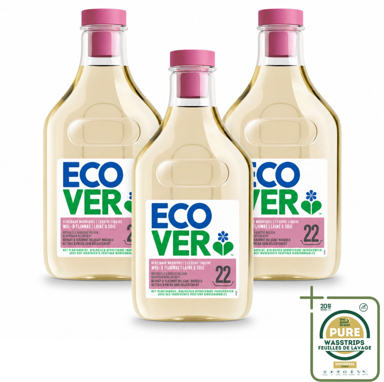 3 x Ecover - Vloeibaar wasmiddel - Wol & Fijnwas - 1 liter - 22 wasbeurten - Wasstrips - Wasmiddel Wol - Fijne Was - Zachte Was - Biologisch Afbreekbaar - Ecover