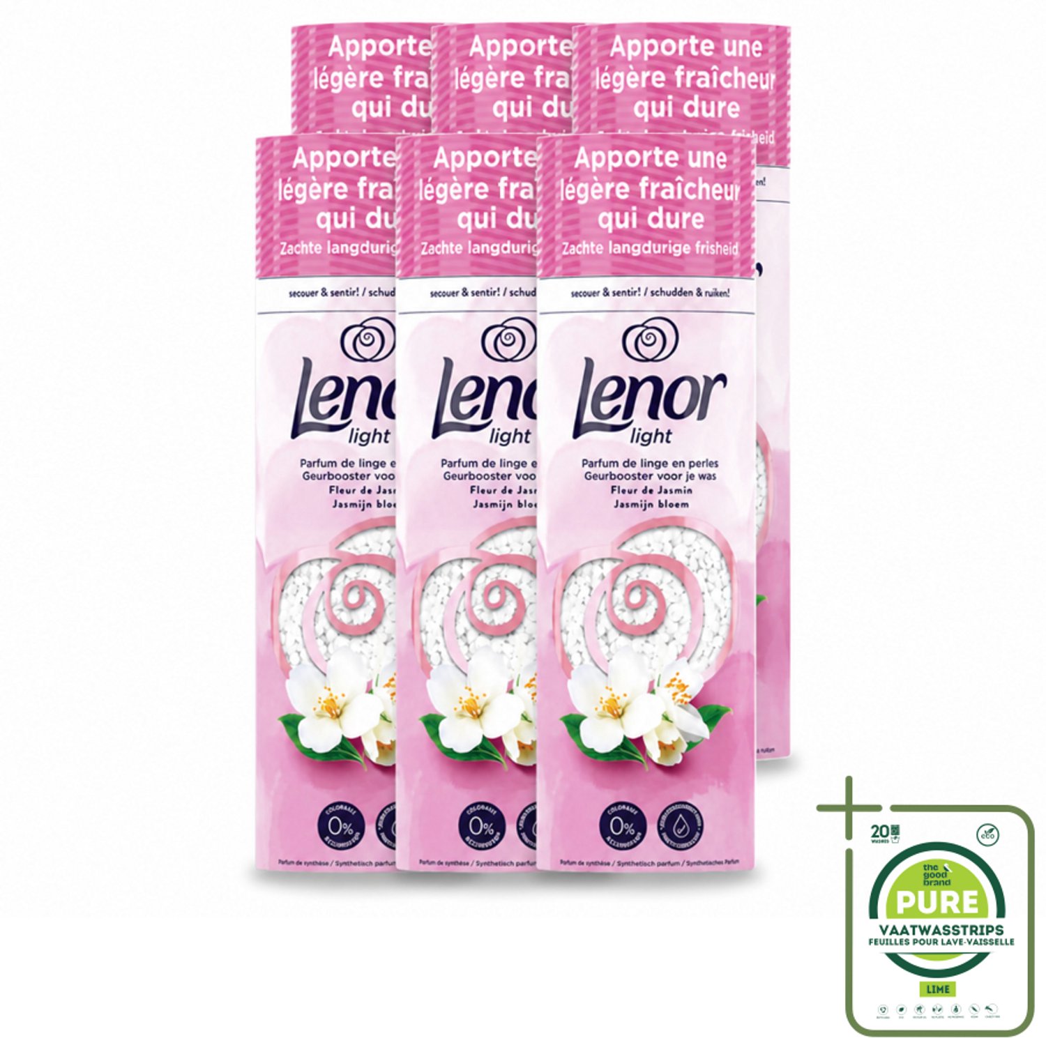 6 x Lenor Light - Geurbooster - Jasmijn - Non-Stop Frisheid - 19 Wasbeurten - Grootverpakking - Vaatwasstrips - Wasgeur - Zijdebloesem - Pioenroos - Geurbooster - Wasgoed