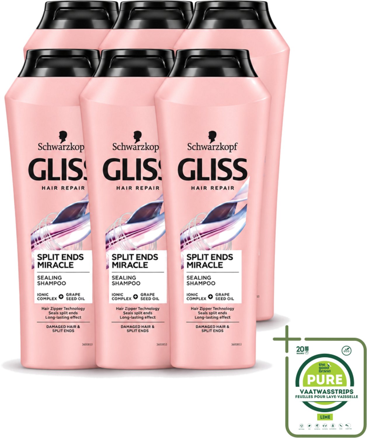 6 x Gliss - Shampoo - Split Hair Miracle - Voor Beschadigd Haar - 250 ml - Grootverpakking - Vaatwasstrips - Gespleten Haarpunten - Haarherstel - Beschadigd Haar - Droog Haar - Haarverzorging