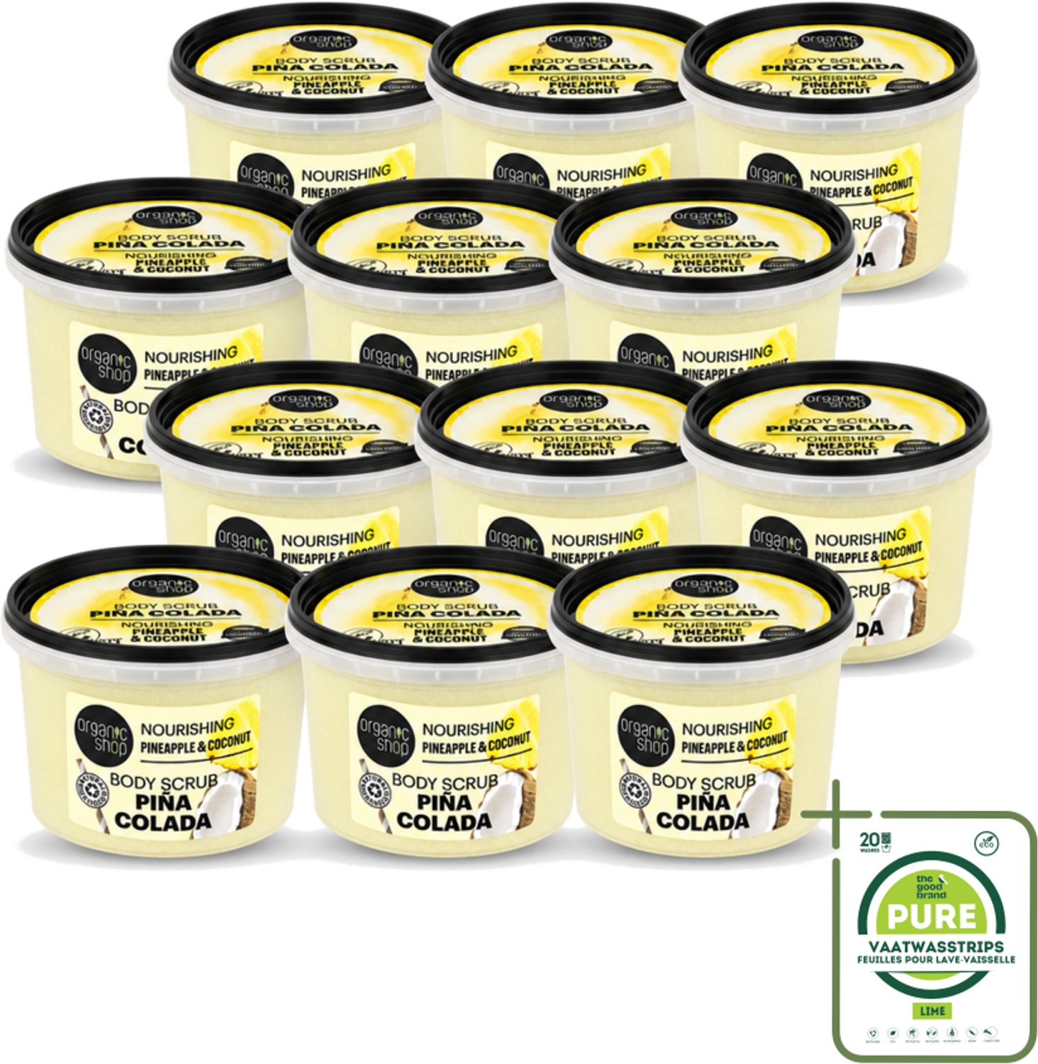 12 x Organic Shop - Body Scrub Pineapple & Coconut - Verfrissend en Voedend - 250 ml - Grootverpakking - Vaatwasstrips - Bodyscrub - Exfoliatie - Huidverzorging - Tropisch Aroma - Ananas