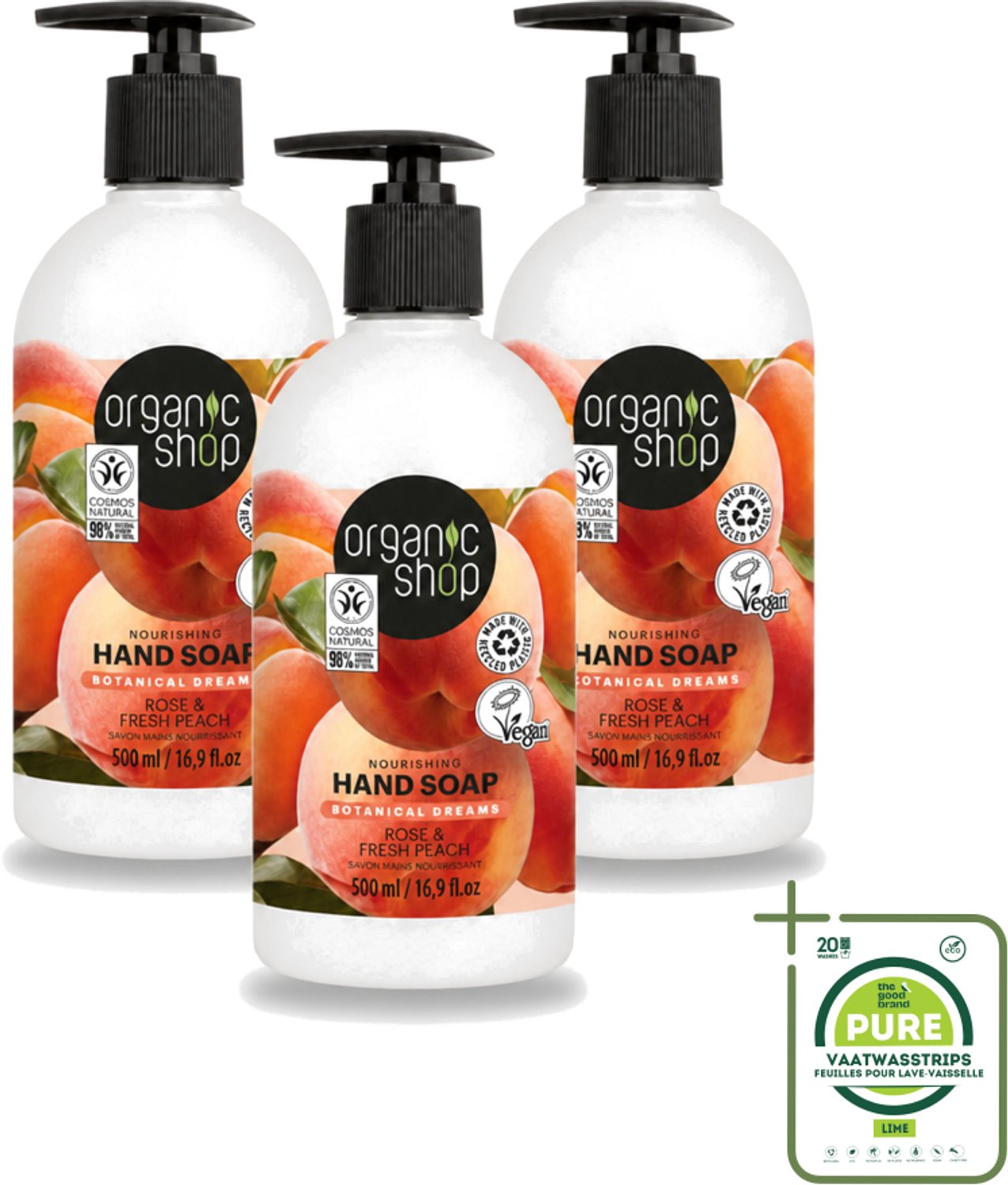 3 x Organic Shop - Handzeep Rose & Peach - Verzorgend en Hydraterend - 500 ml - Grootverpakking - Vaatwasstrips - Handzeep - Natuurlijke Handverzorging - Handen Verzorgen - Handen Hydrateren - Handen Verzachten