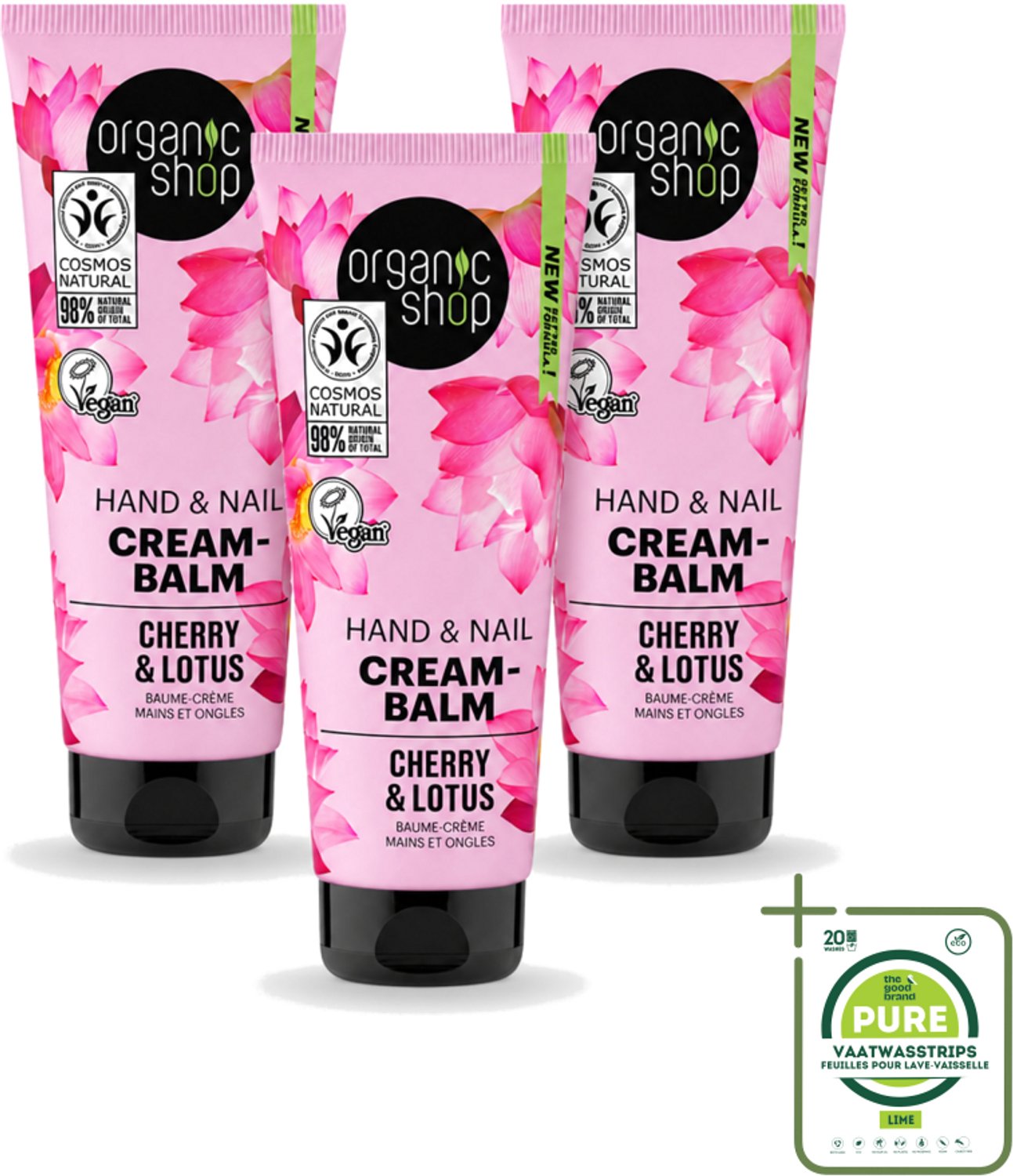 3 x Organic Shop - Hand & Nail Cream - Cherry & Lotus - Verzorgend en Hydraterend - 75 ml - Grootverpakking - Vaatwasstrips - Handcrème - Nagelverzorging - Handen Verzorgen - Nagels Versterken - Biologische Handcrème