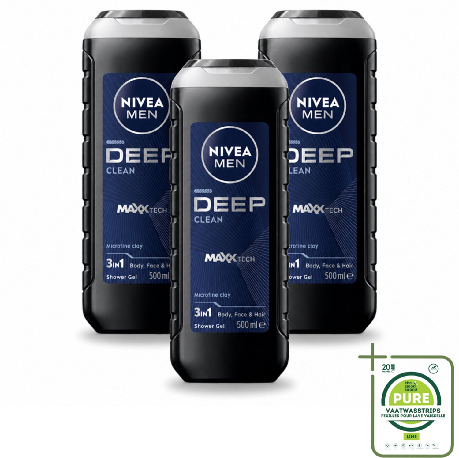 3 x NIVEA MEN - Douchegel - Deep Clean 3-in-1 - 500 ml - Grootverpakking - Vaatwasstrips - Diepe Reiniging - Microklei - Douchegel - Lichaam Reinigen - Gezicht Reinigen
