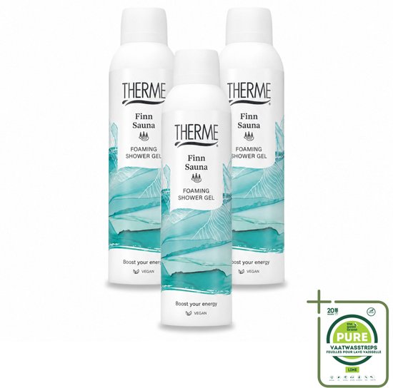 Drie bussen Therme Finn Sauna schuimende douchegel met blauw-witte verpakking en een pakje The Good Brand vaatwasstrips.