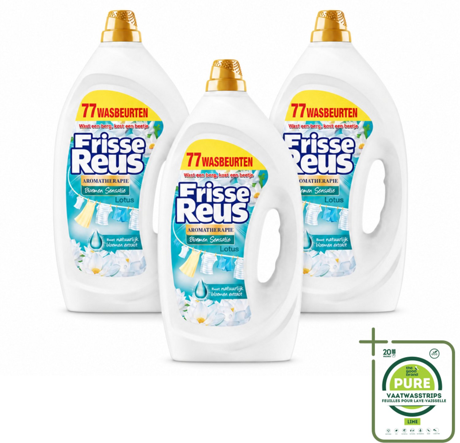 3 x Frisse Reus - Vloeibaar Wasmiddel - Lotus - Witte Was - 77 Wasbeurten - Grootverpakking - Vaatwasstrips - Witte Was - Frisse Was - Waskracht - Wasmiddel - Lotusgeur
