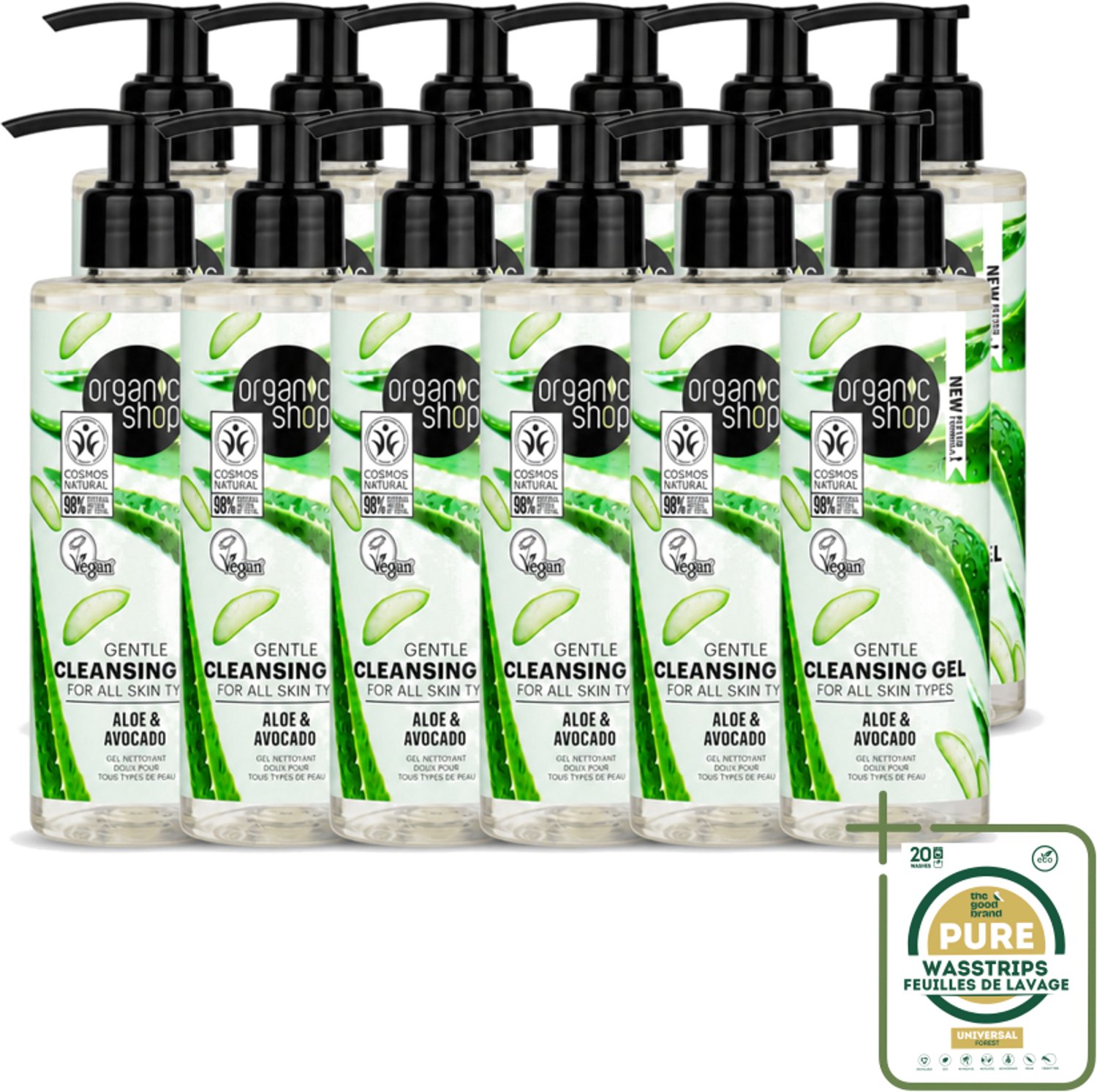 12 x Organic Shop - Cleansing Gel Avocado & Aloe - Verfrissend en Hydraterend - 200 ml - Wasstrips - Gezichtsreiniger - Natuurlijke Reiniger - Avocado-olie - Aloë-extract - Hydraterende Reiniger