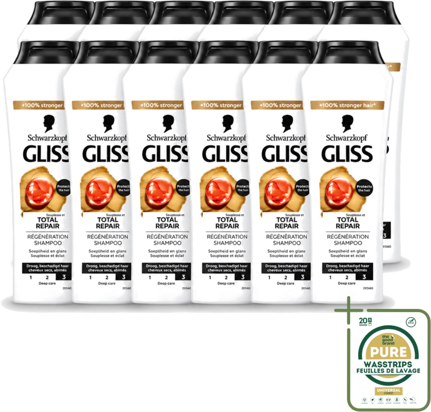 12 x Gliss - Shampoo - Total Repair - Voor Intensief Haarherstel - 250 ml - Wasstrips - Haarherstel Shampoo - Beschadigd Haar - Keratine Shampoo - Haarbreuk Verminderen - Glanzend Haar