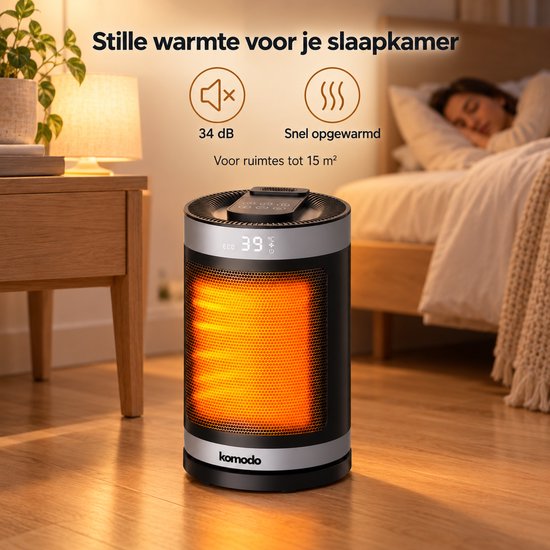 Stille keramische kachel van 34 dB, ideaal voor het snel verwarmen van een slaapkamer.