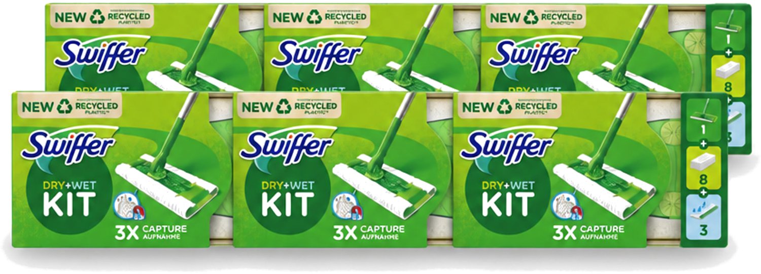 6 x Swiffer – Vloerreiniger – Starterkit – 1 dweil + 8 droge & 3 vochtige doekjes - Voordeelverpakking - 6 stuks