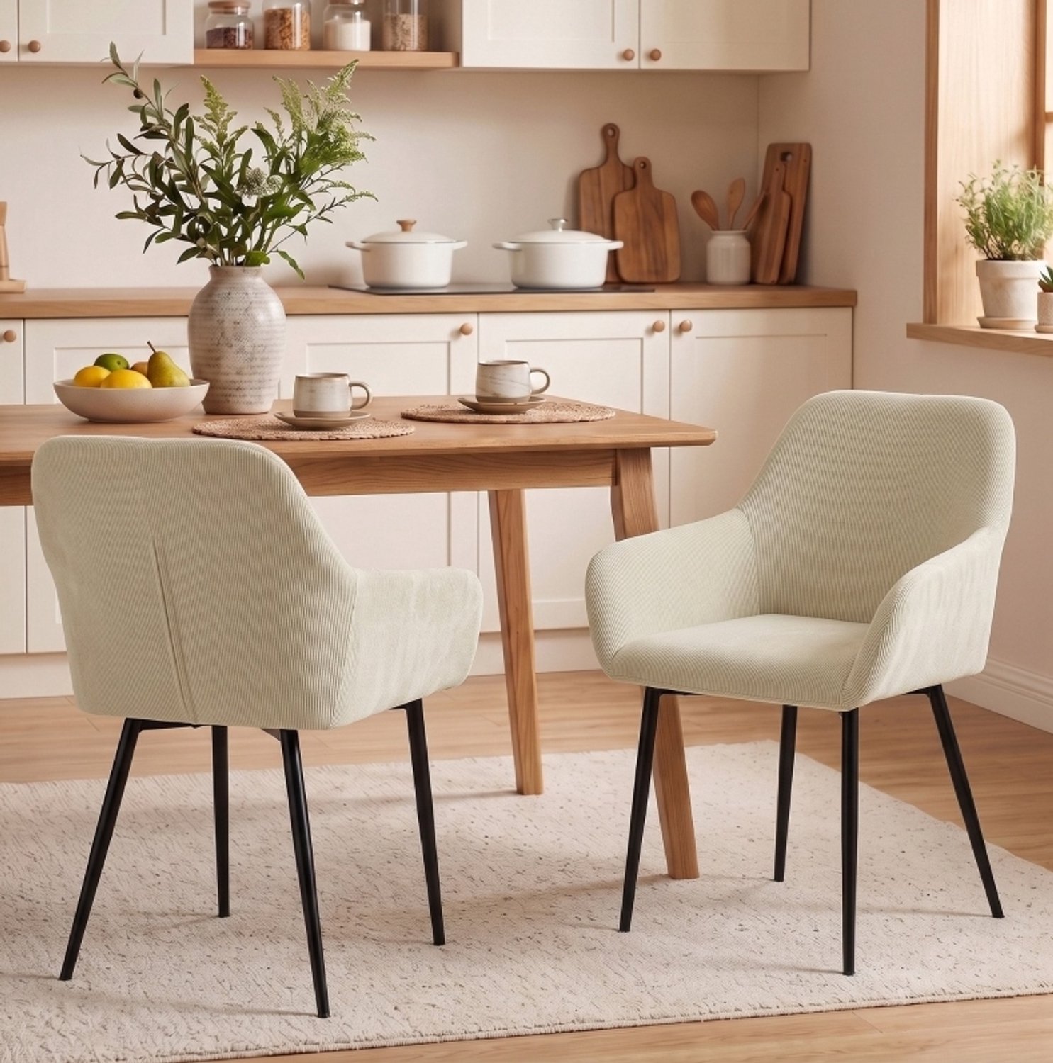 MODENUIT Eetkamerstoel - Set Van 2 Met Armleuningen - Ribstof Zitting En Metaal - Crème - 58x59,5x81,5 Cm