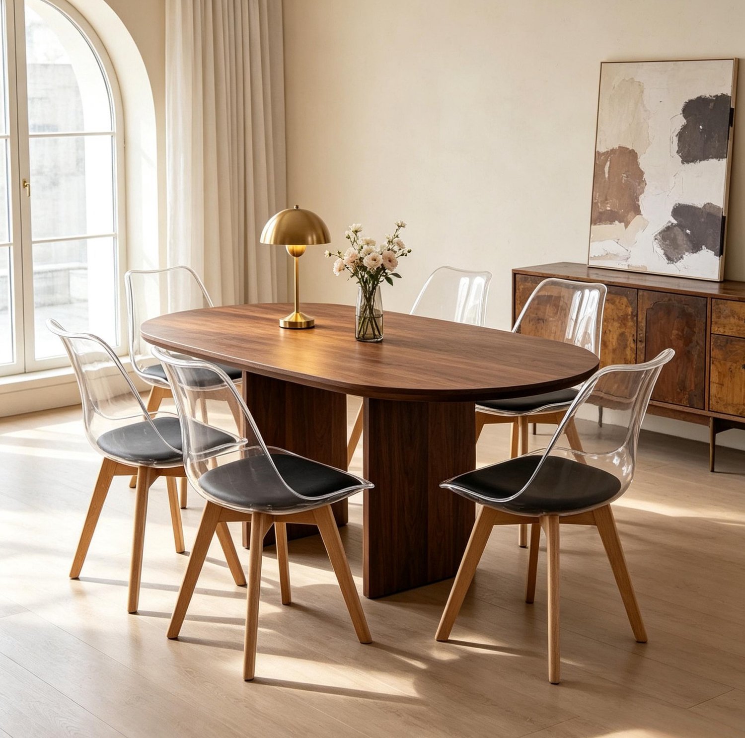 DESMIU Eetkamerstoel 49 Bij 42 Bij 83 Cm - Set Van 6 Met Kunstleren Kussen En Houten Poten - Voor Eetkamer En Woonkamer - Zwart Transparant