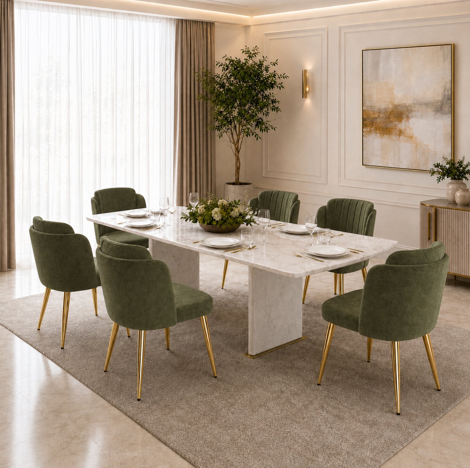 MODENUIT Eetkamerstoelen - Set Van 6 Met Gebogen Rugleuning - Groen Polyester - Metaal - 58,5x62x78 Cm