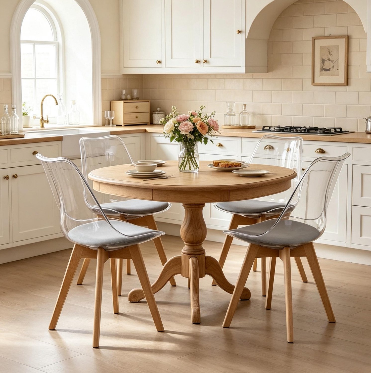 MODENUIT Eetkamerstoelen - Set Van 4 Met Kunstleren Zitkussen - Houten Onderstel - 83 Cm Hoog - Grijs